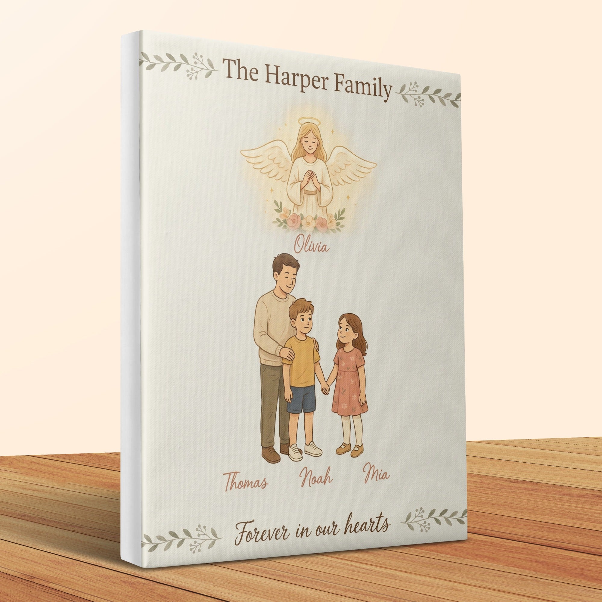 Canvas art with "The Harper Family" and an angel, man, son, and daughter.