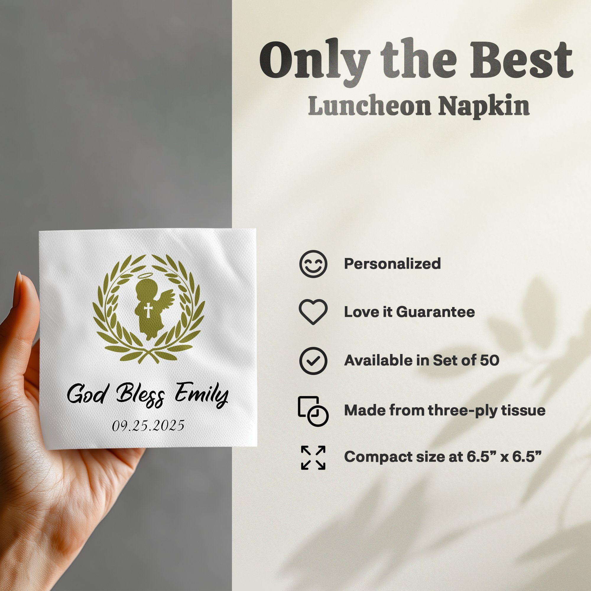 Luncheon napkin with "God Bless Emily 09.25.2025" and olive branch design.