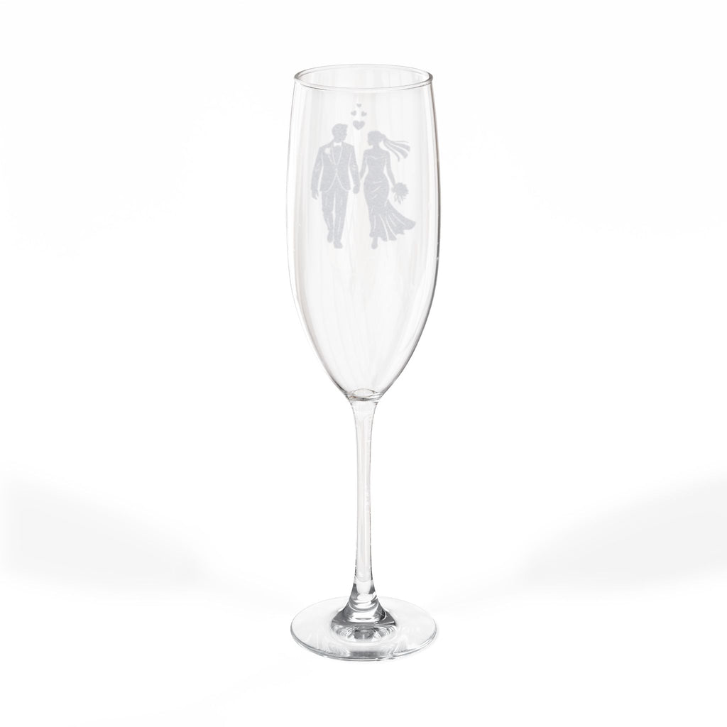 Clear champagne flute with etched bride and groom design.