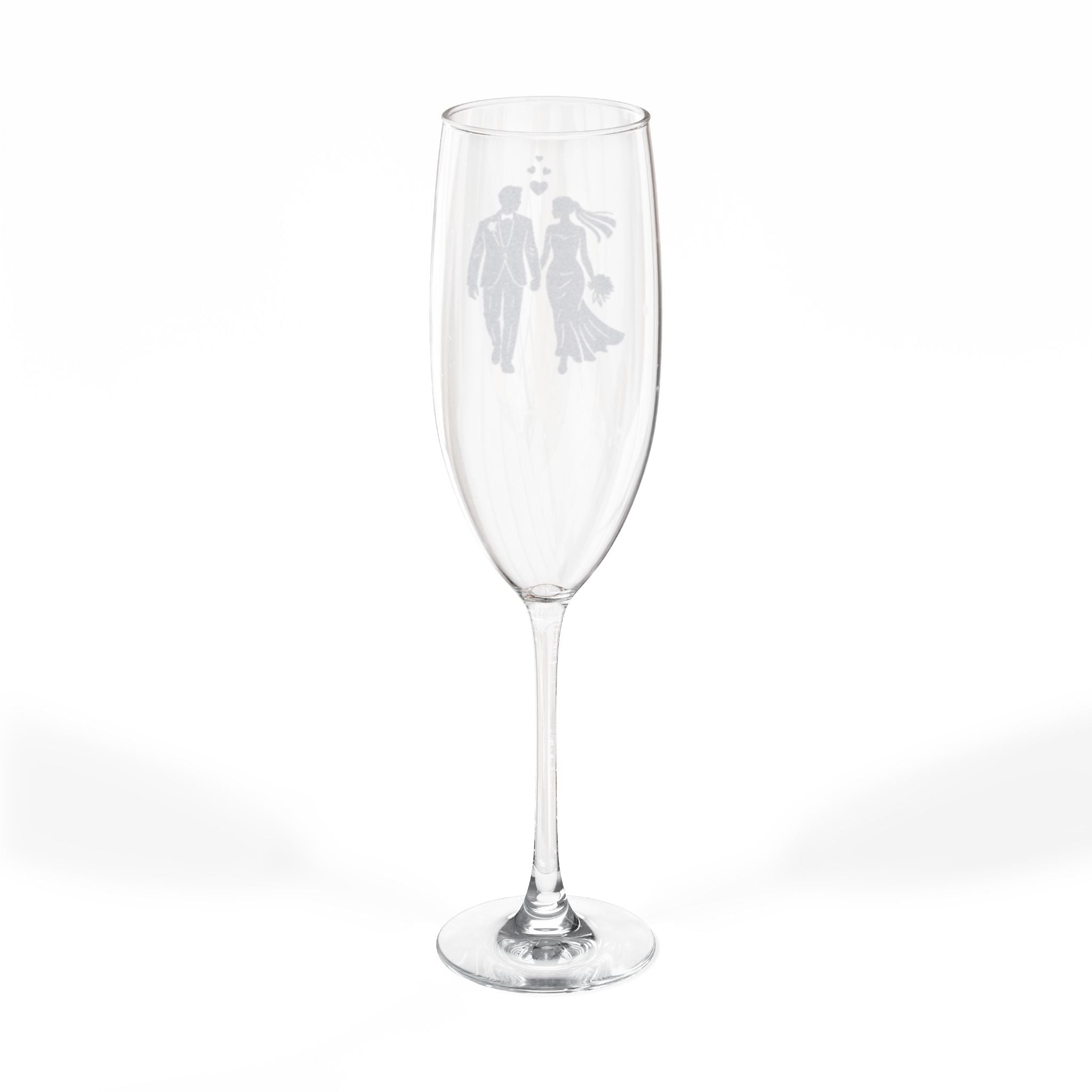 Clear champagne flute with etched bride and groom design.
