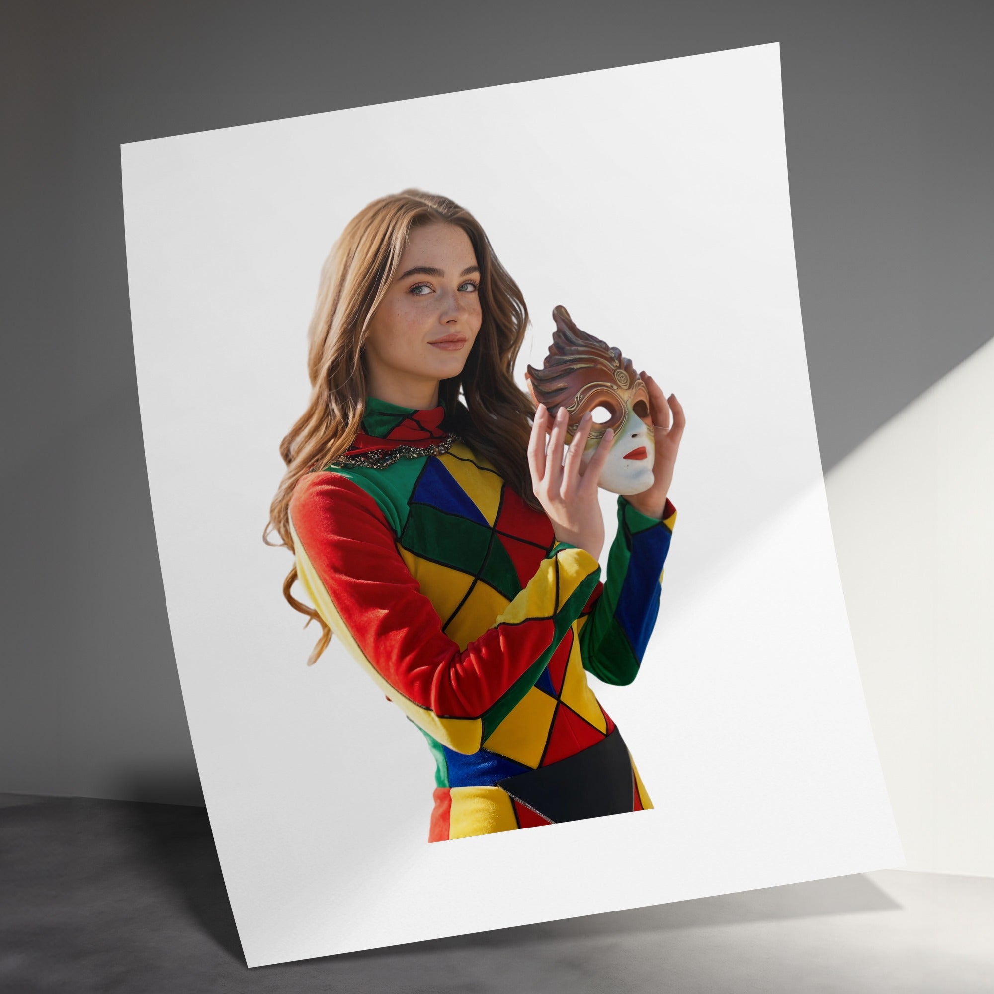 Woman in colorful harlequin costume holds Venetian mask against white backdrop.