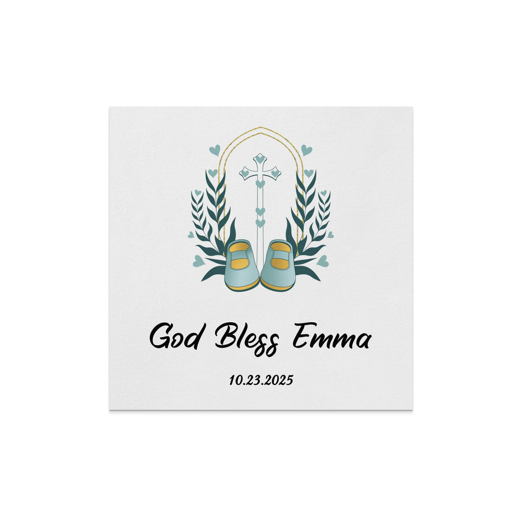 Card with "God Bless Emma" and a cross, leaves, and baby shoes.
