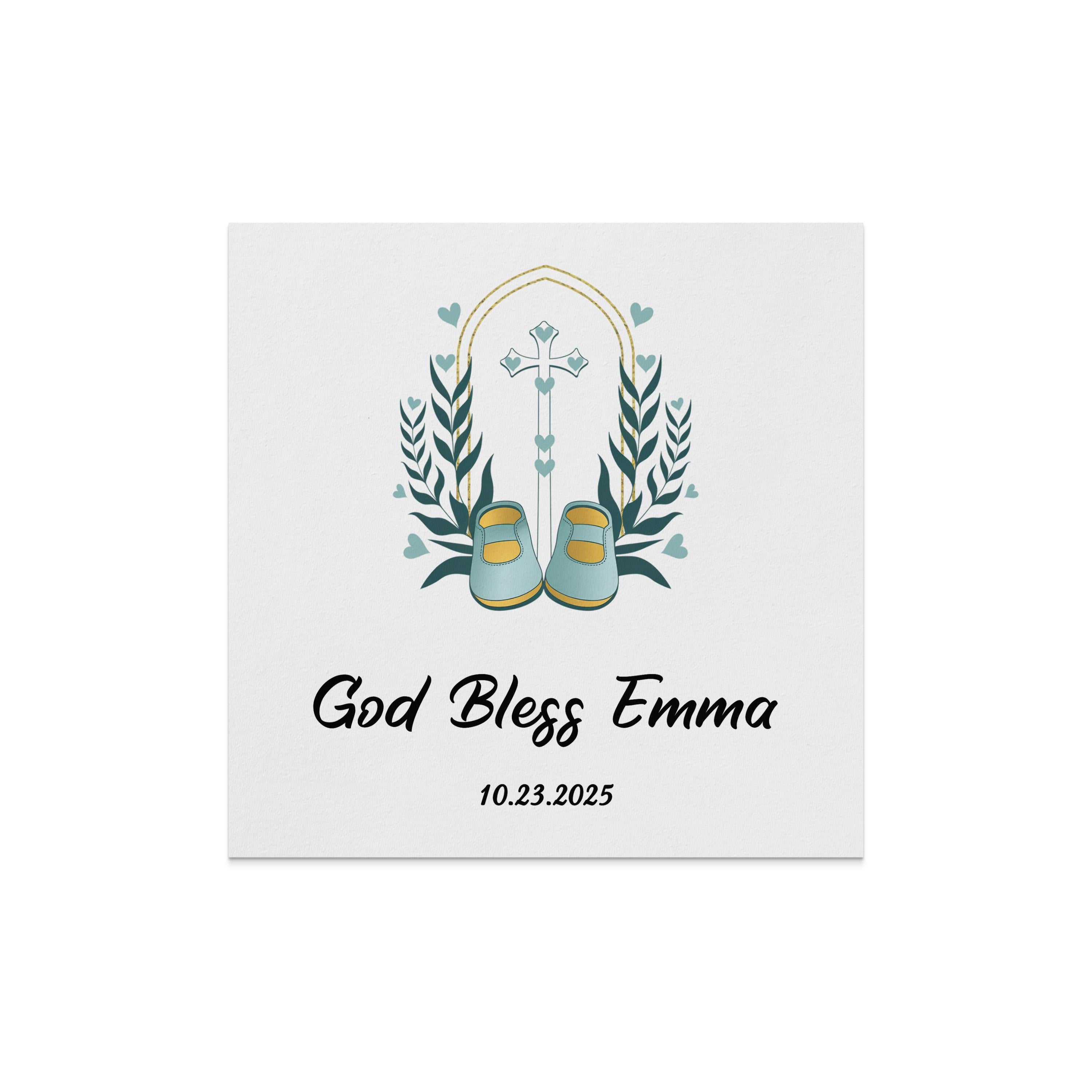 Card with "God Bless Emma" and a cross, leaves, and baby shoes.