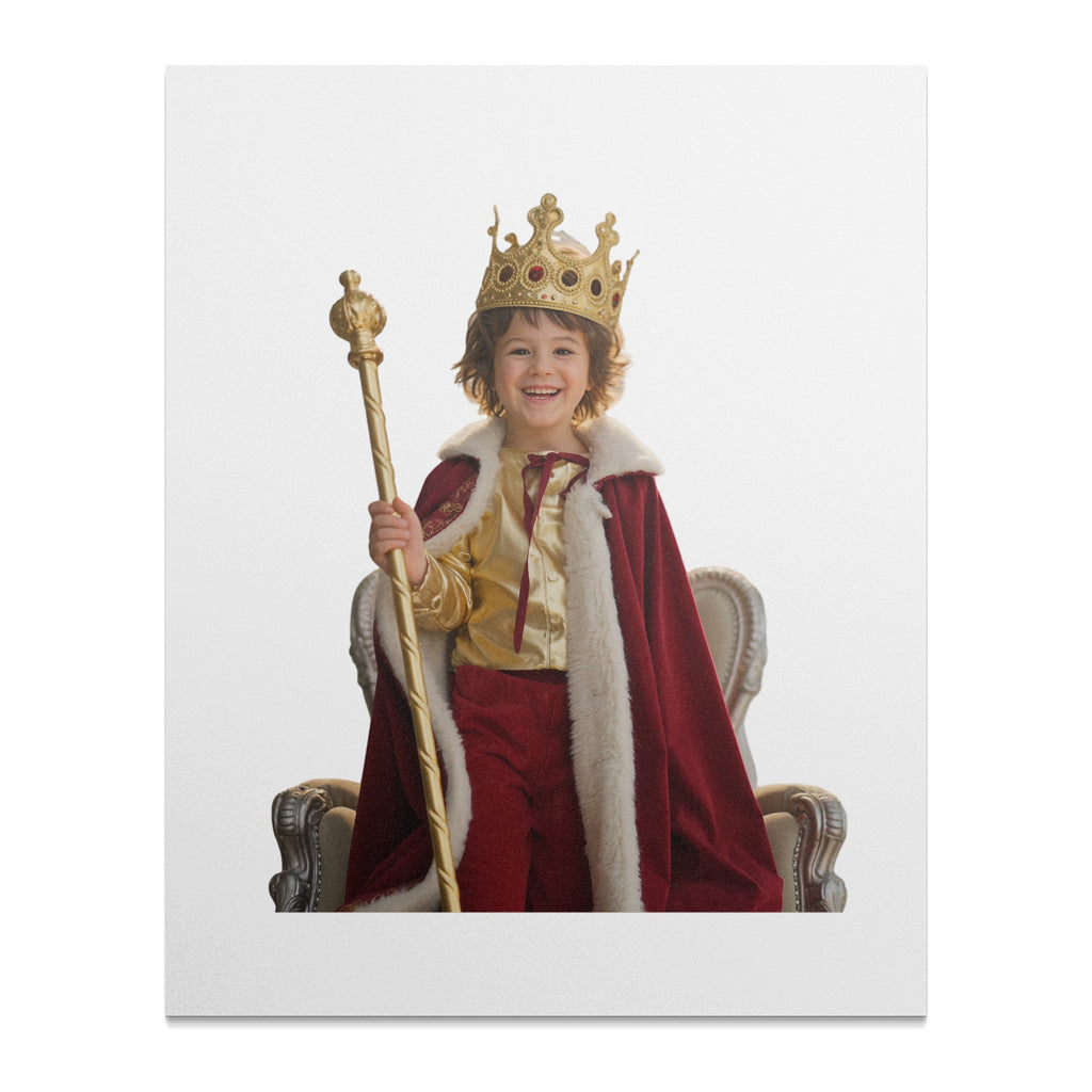 Young boy in king costume with crown and scepter sits on throne.