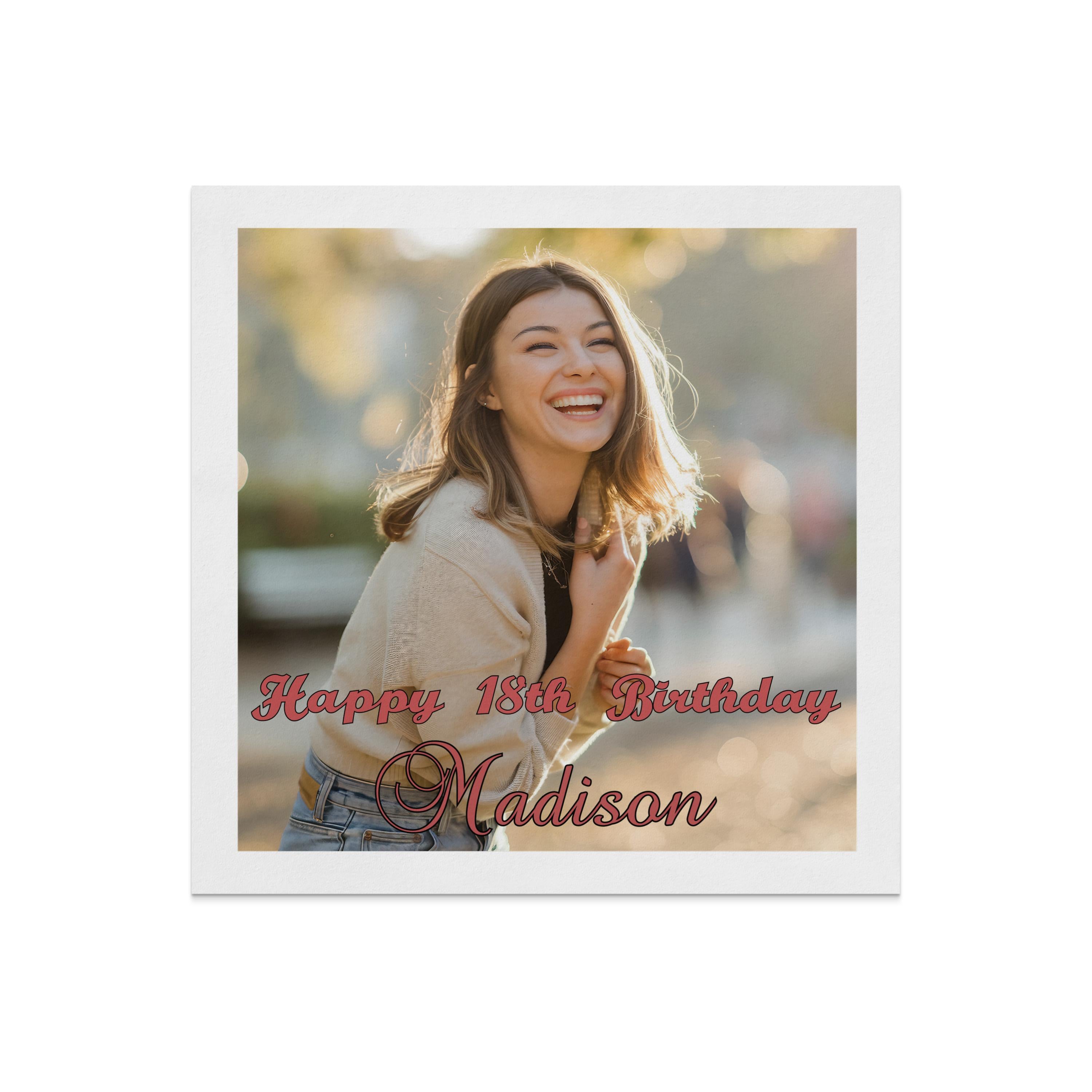 Young woman smiling with "Happy 18th Birthday Madison" overlay.