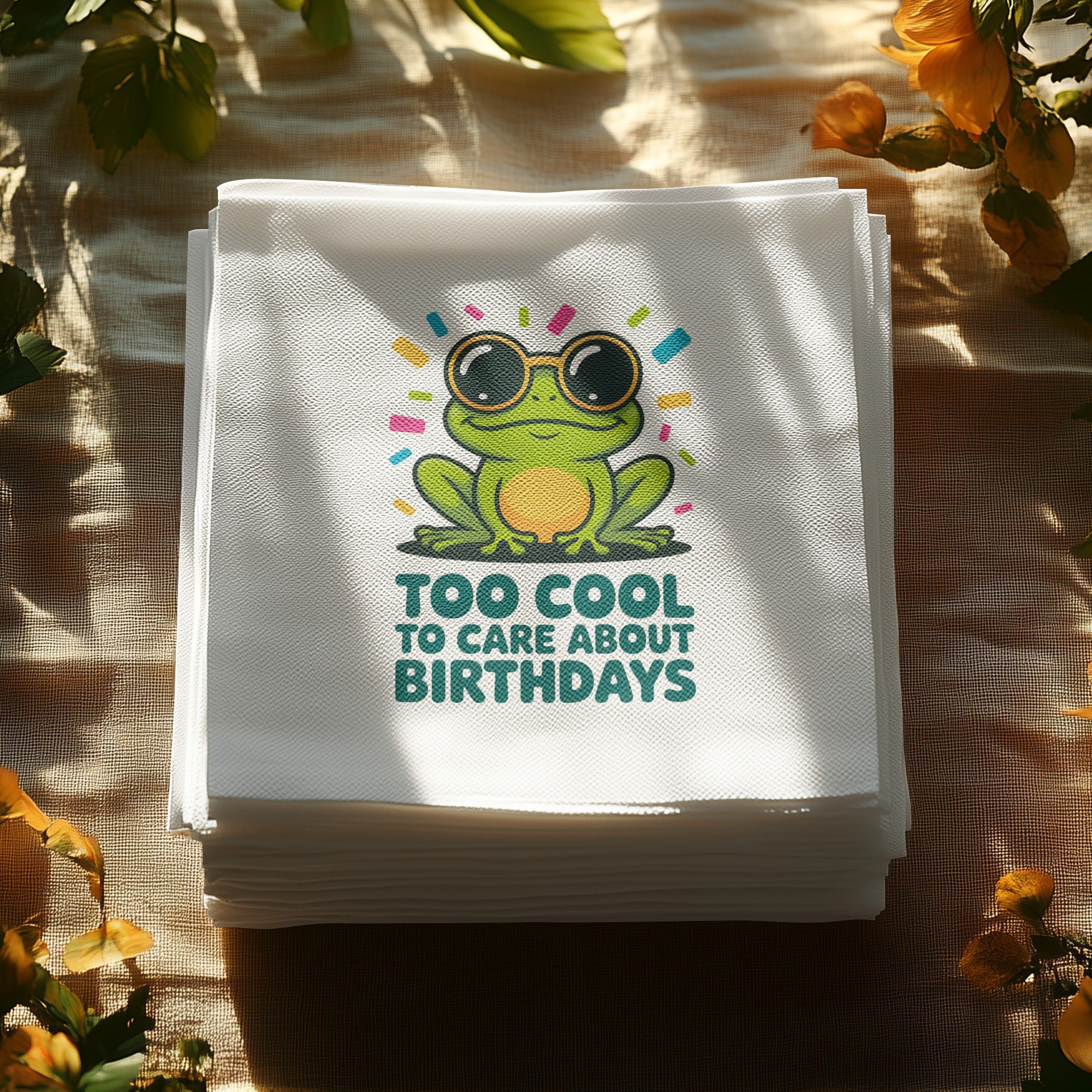 Stack of white napkins featuring a cartoon frog wearing sunglasses and text "TOO COOL TO CARE ABOUT BIRTHDAYS".