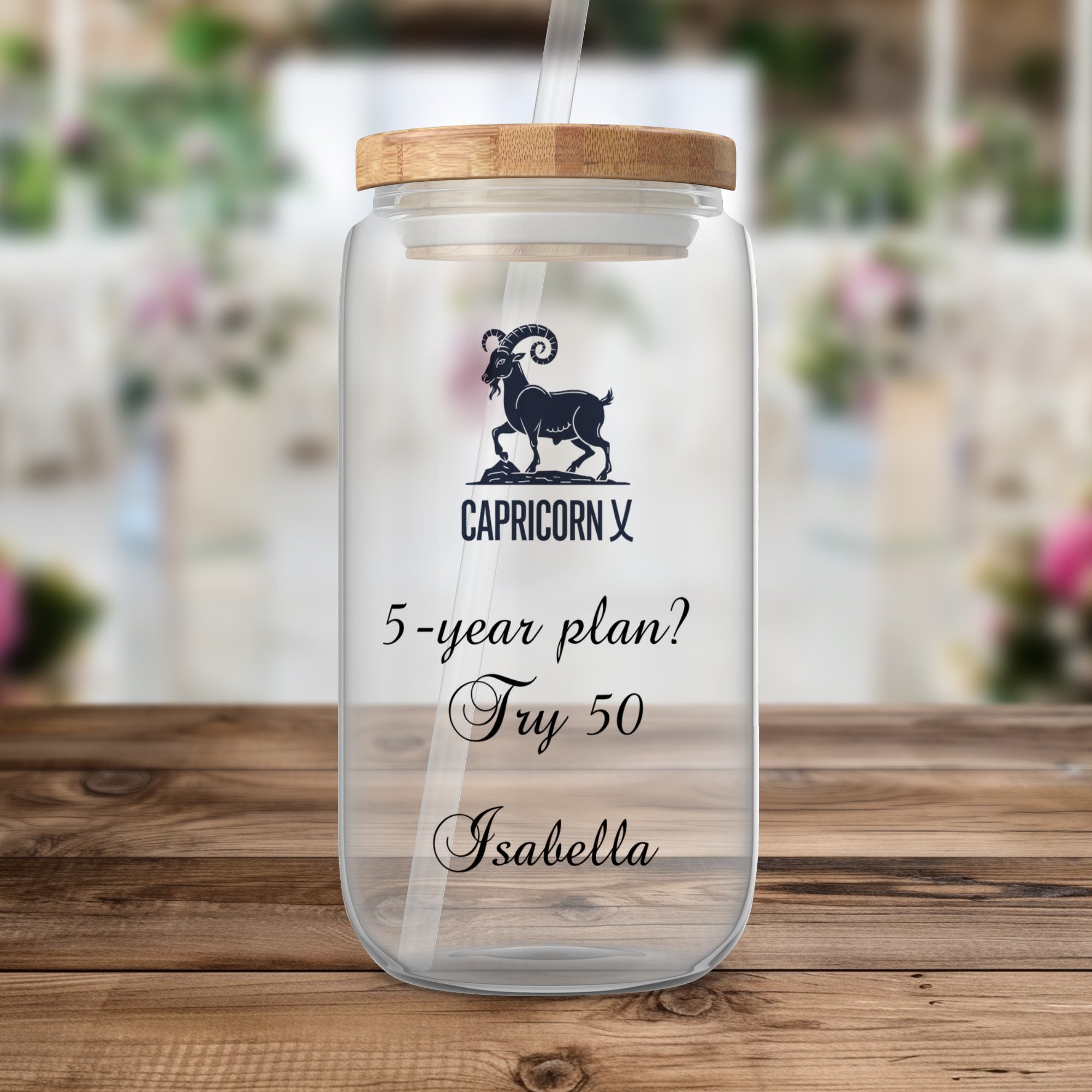 Glass tumbler with Capricorn symbol and "5-year plan? Try 50 Isabella".