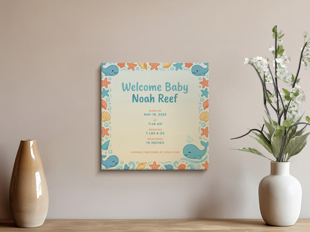 Baby Noah Reef birth announcement with birth date, time, weight, and length.