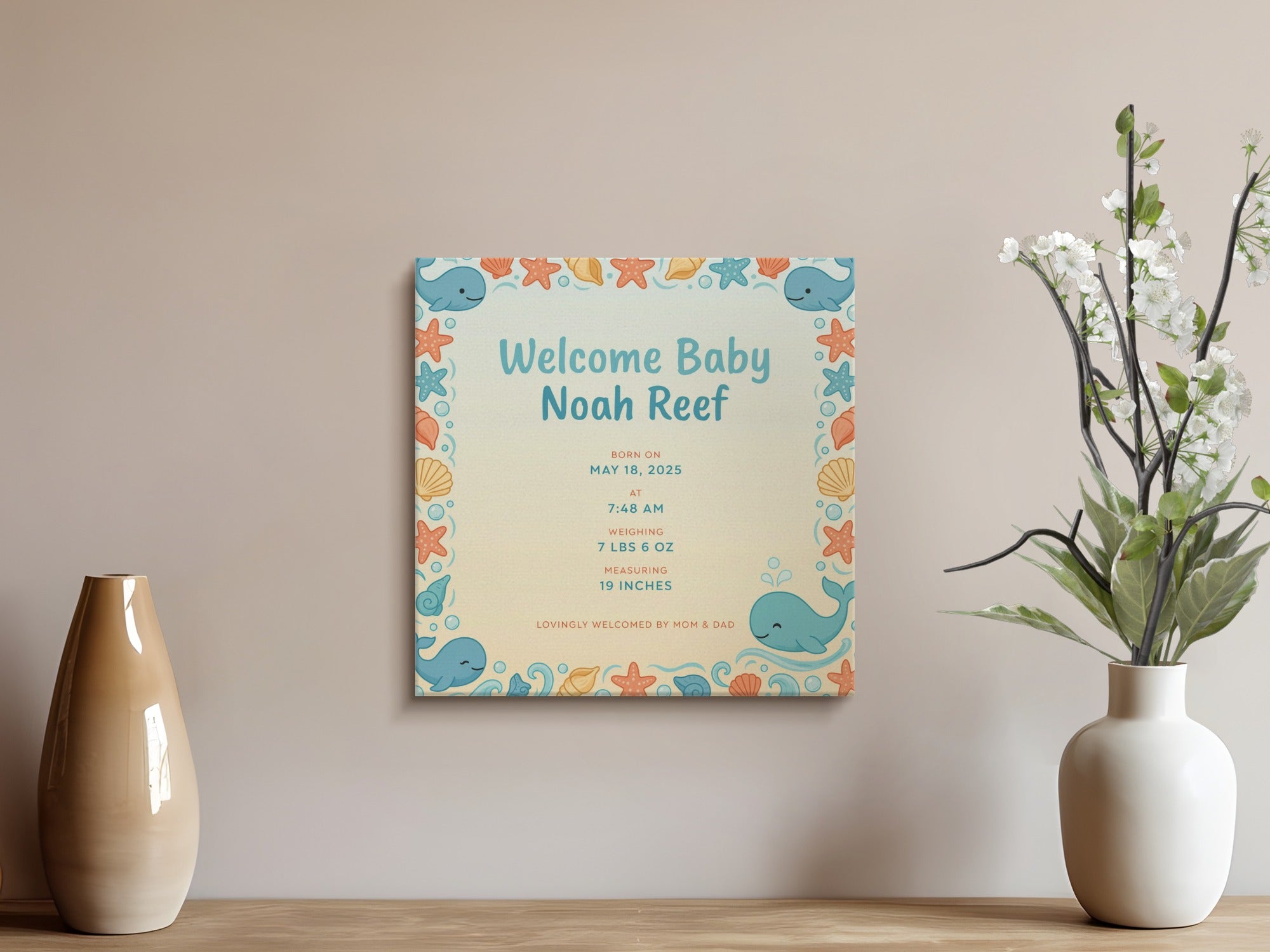 Baby Noah Reef birth announcement with birth date, time, weight, and length.