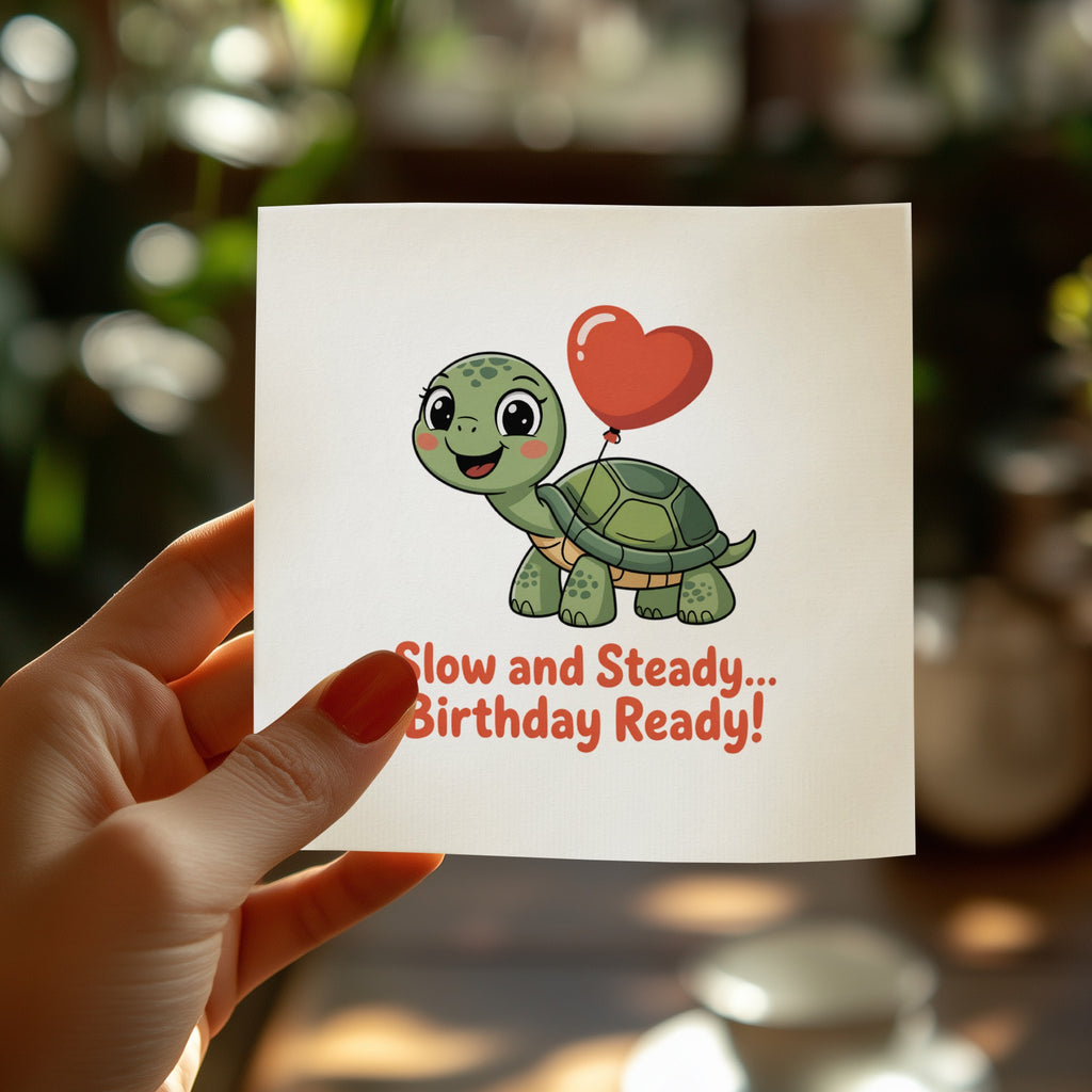 Cartoon tortoise with red balloon, "Slow and Steady... Birthday Ready!" text.