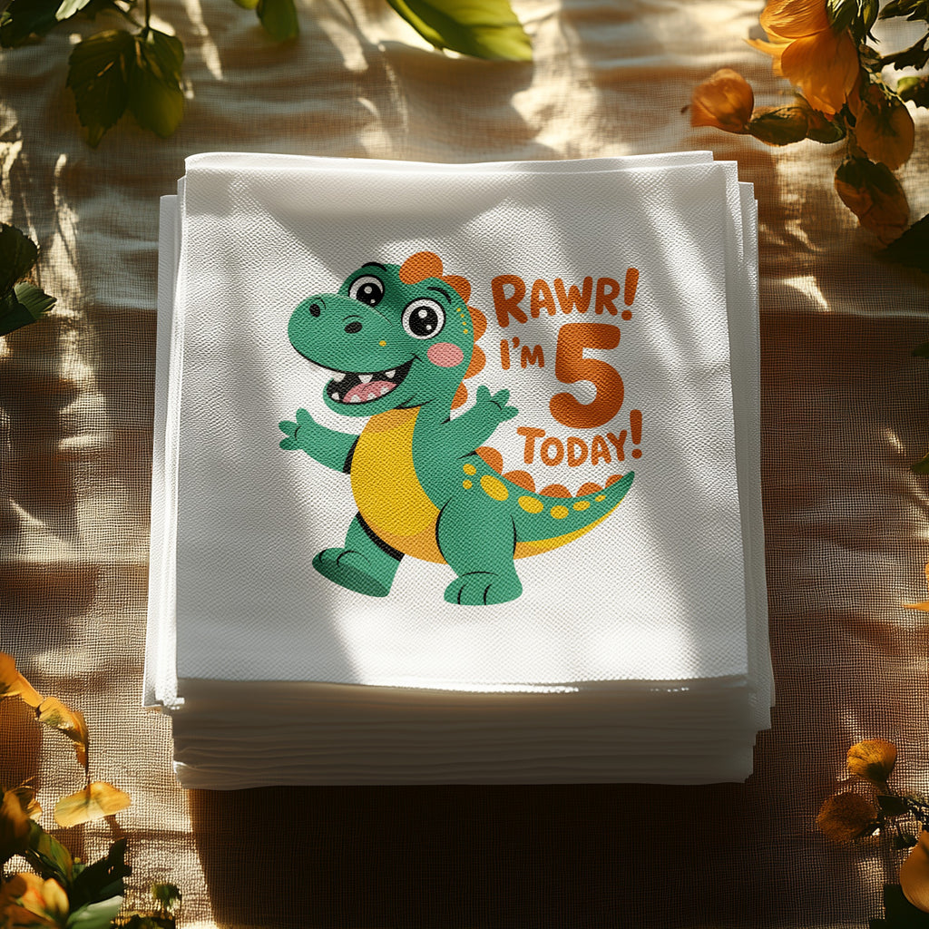 Stack of white napkins with a cartoon dinosaur celebrating a 5th birthday.