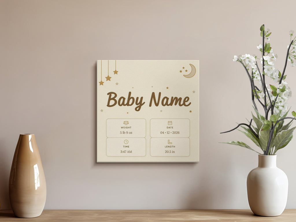 Baby Name personalized birth stat art with weight, date, time, and length.