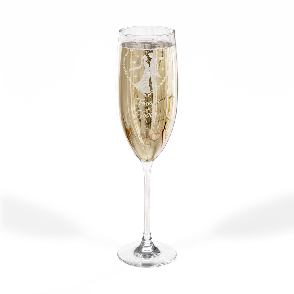Champagne flute with "Forever and Always" etching and couple silhouette.