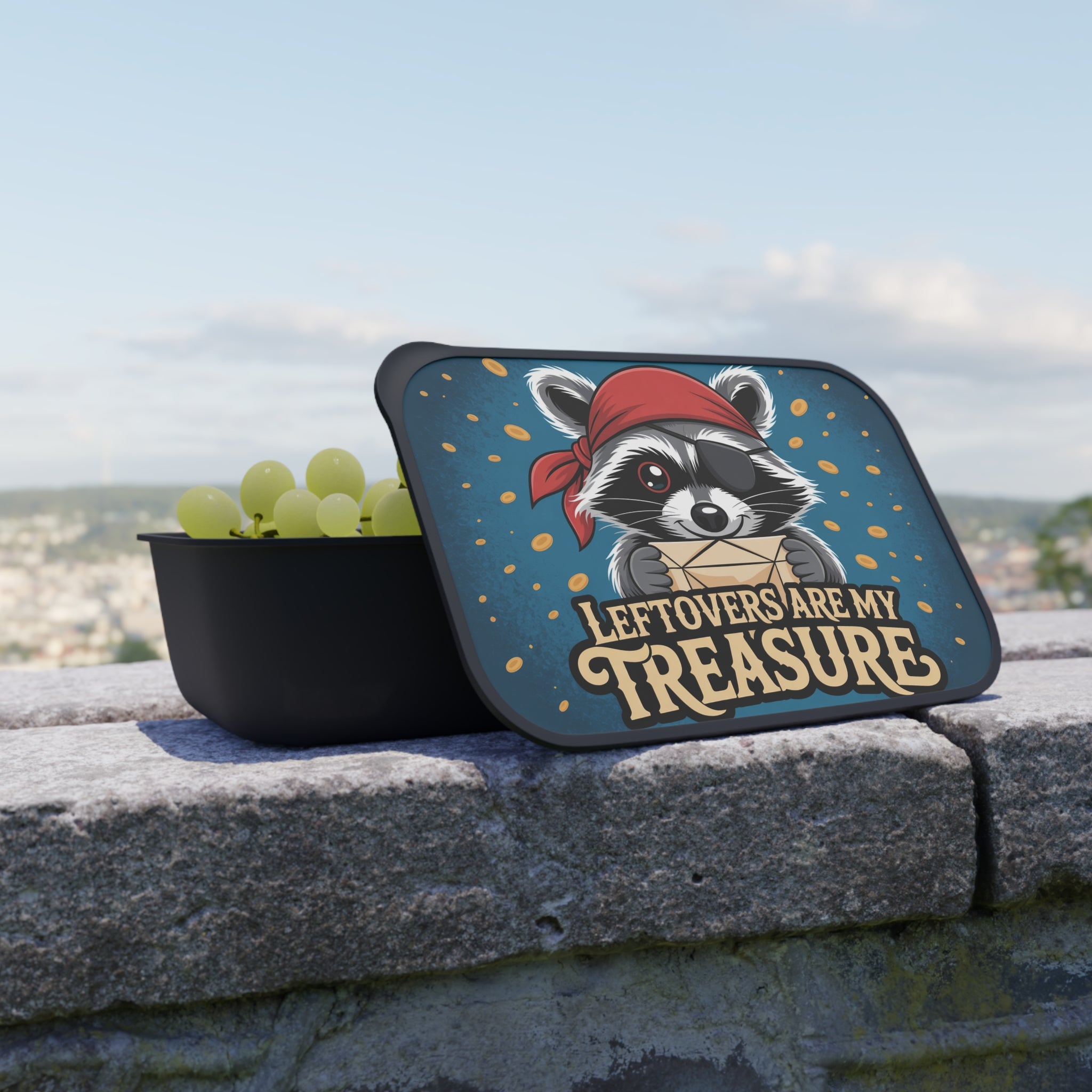 Black lunchbox with a raccoon wearing a bandana and holding a treasure chest.