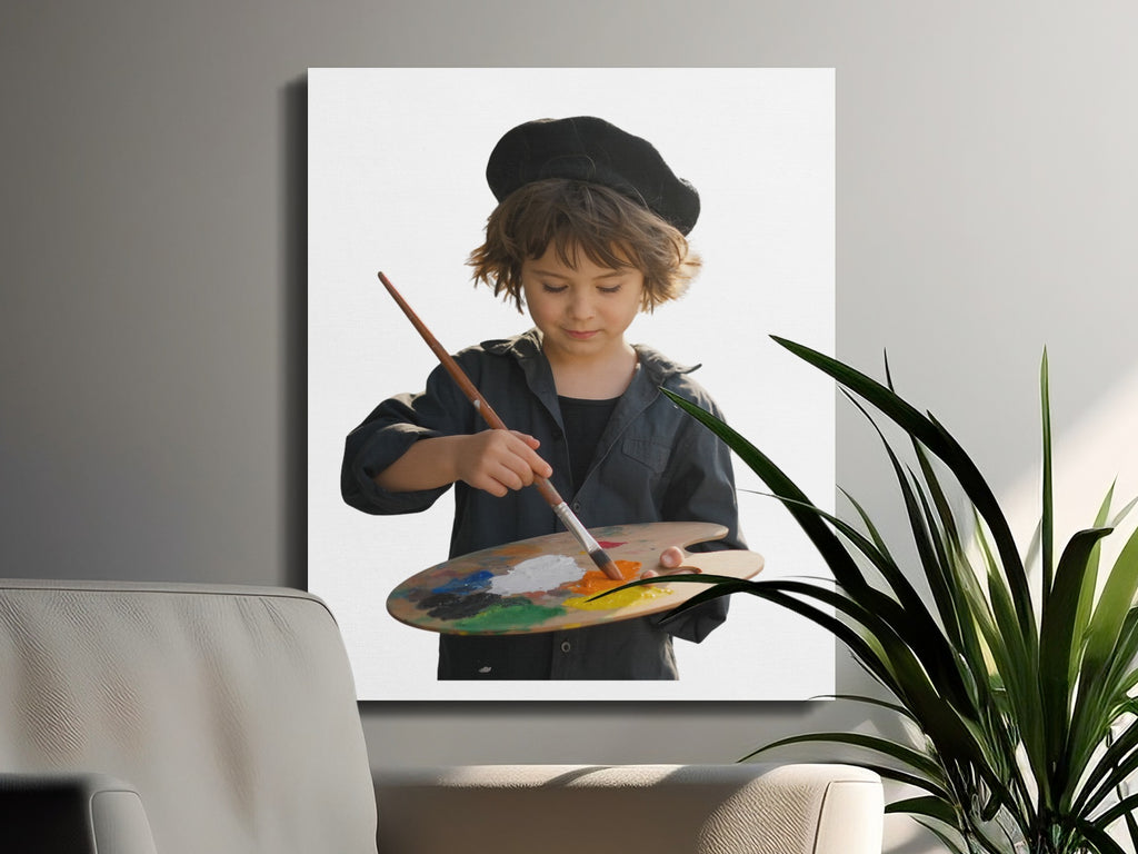 Child in beret paints with colorful palette and brush.