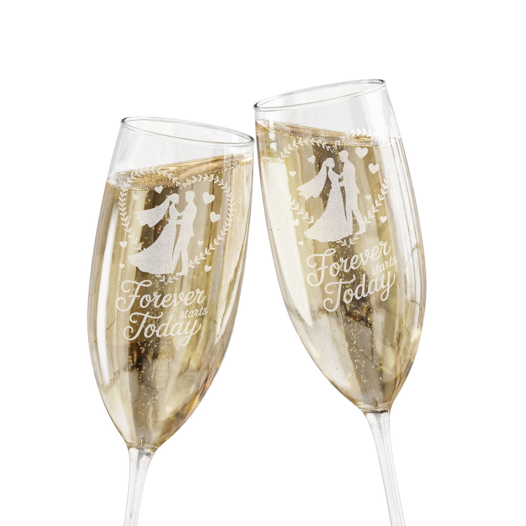 Two champagne flutes with "Forever starts Today" and wedding couple etching.