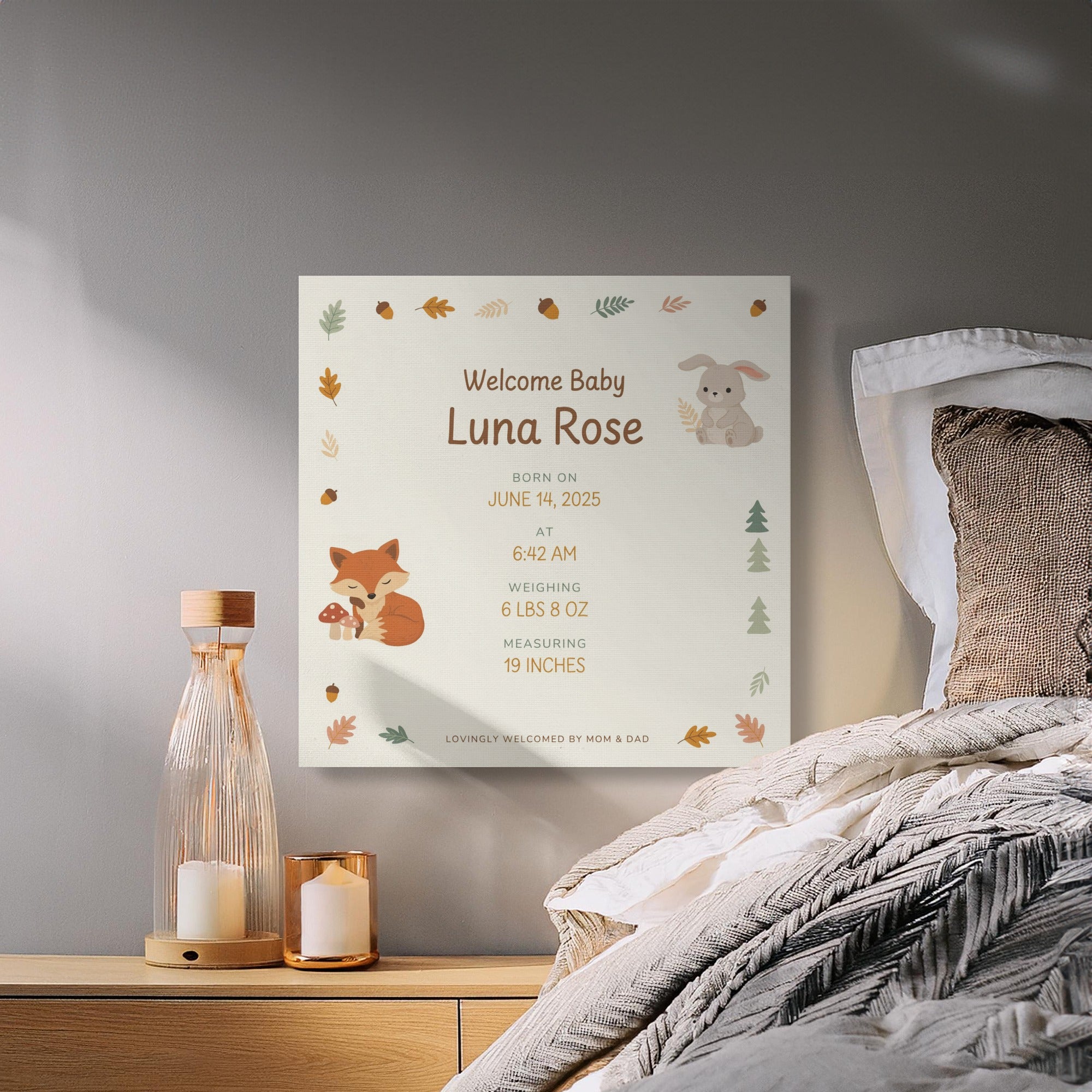 Baby Luna Rose birth announcement with fox, rabbit, leaves, and acorns.