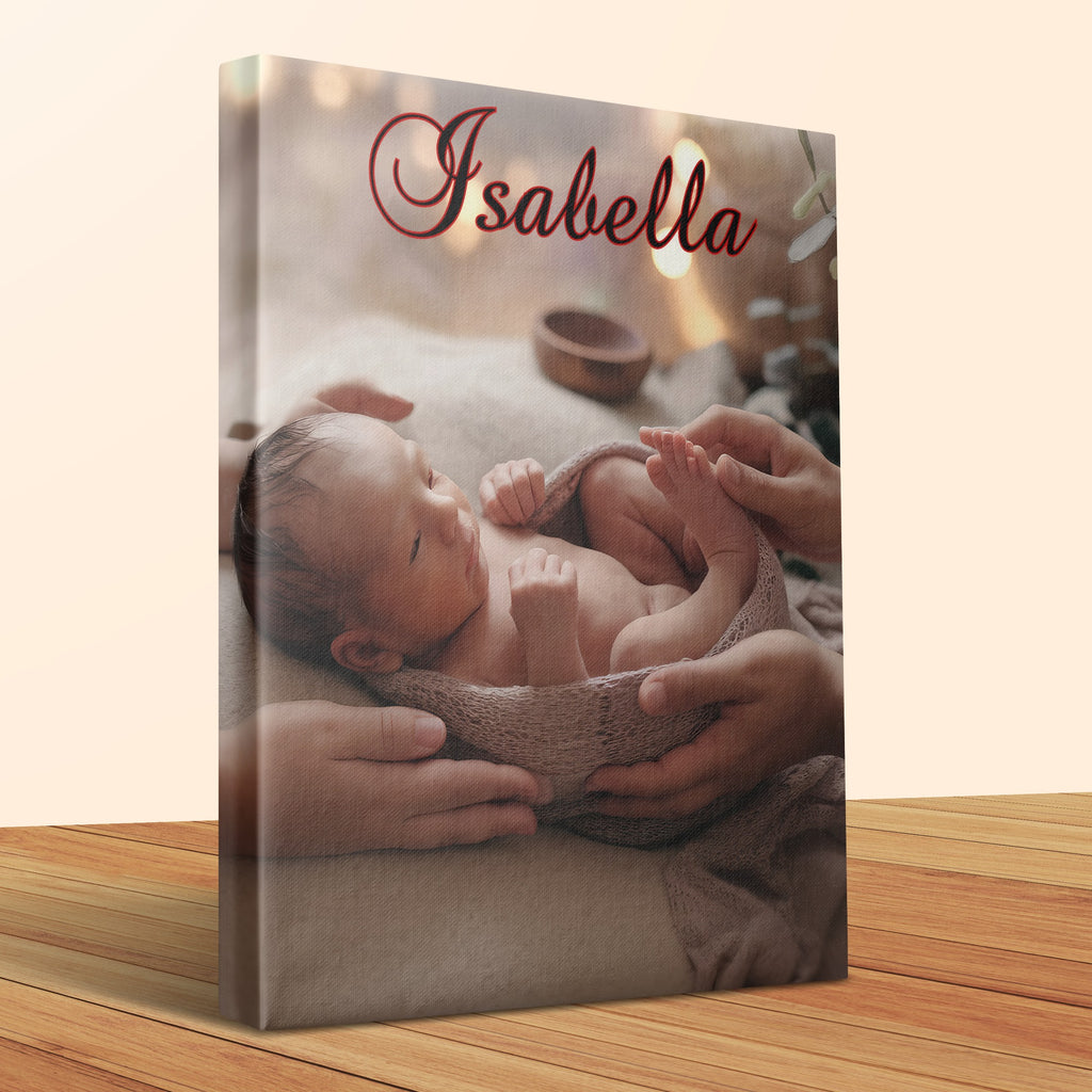 Newborn baby wrapped in a blanket, held by parents' hands.
