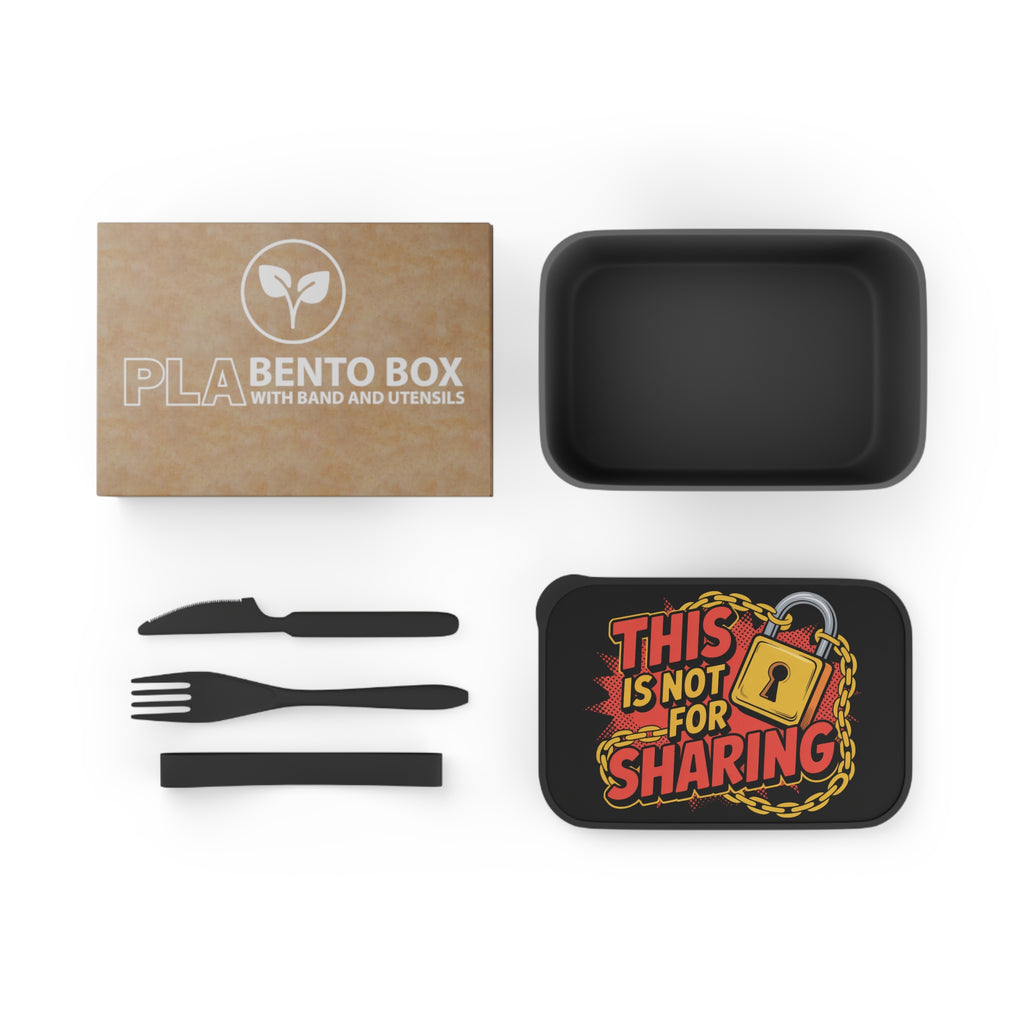 PLA bento box with utensils and a lid featuring a "This is not for sharing" lock design.