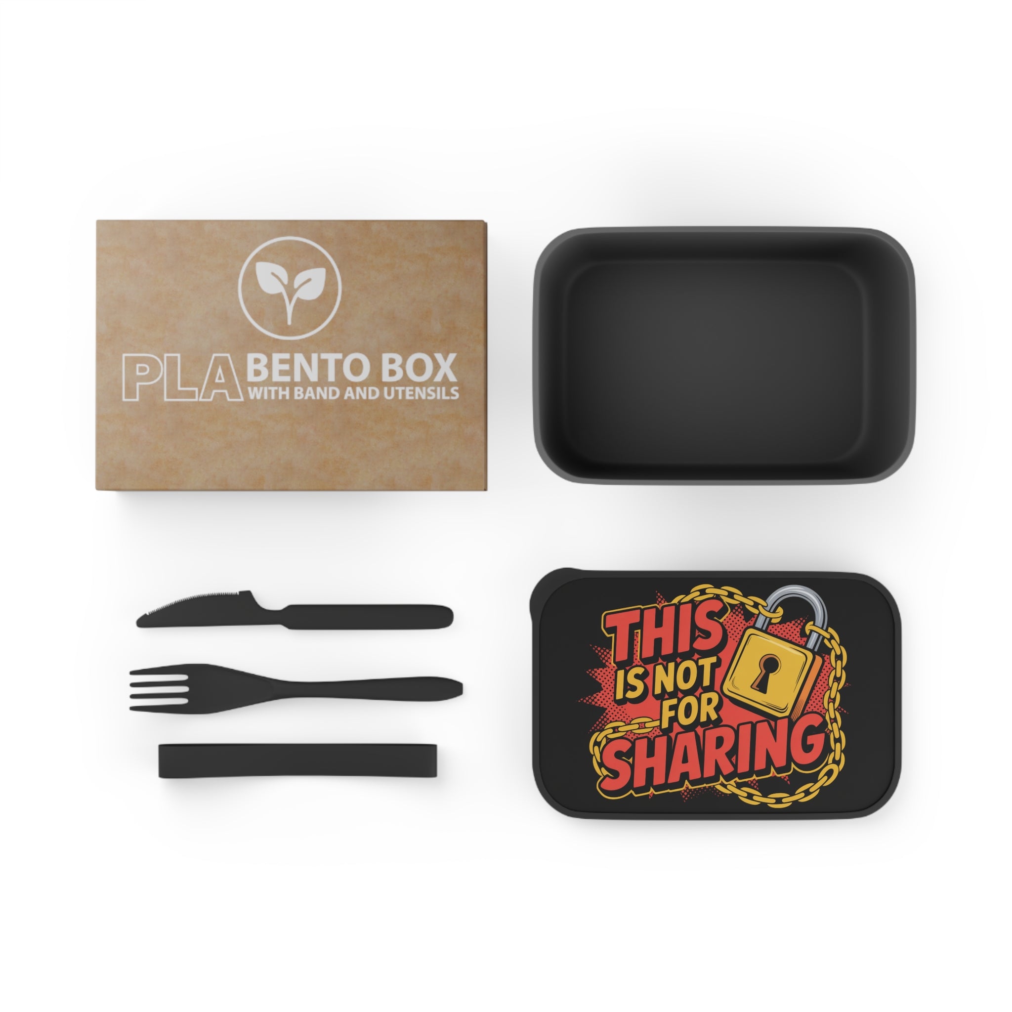 PLA bento box with utensils and a lid featuring a "This is not for sharing" lock design.