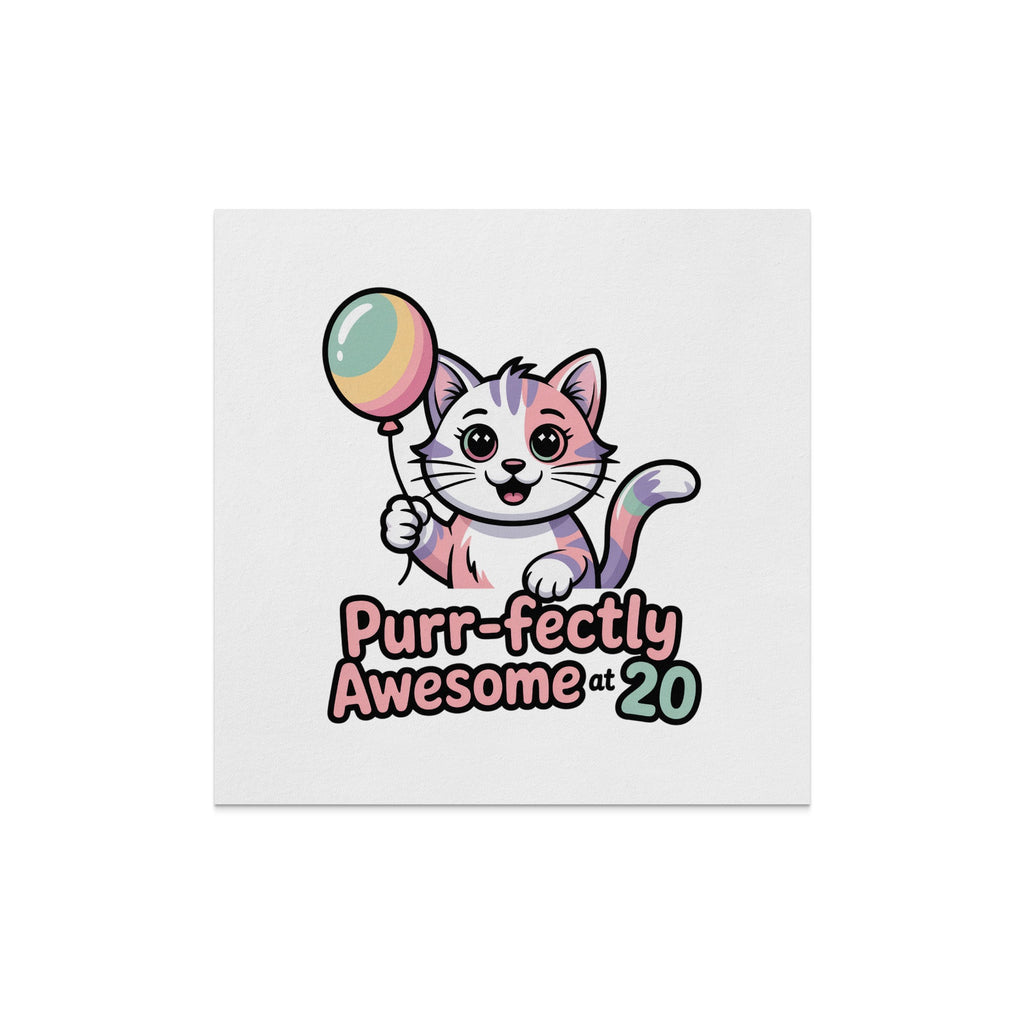 Cartoon cat with balloon, text "Purr-fectly Awesome at 20".