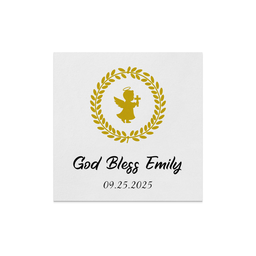 Card with "God Bless Emily" and date, featuring a golden angel and wreath.