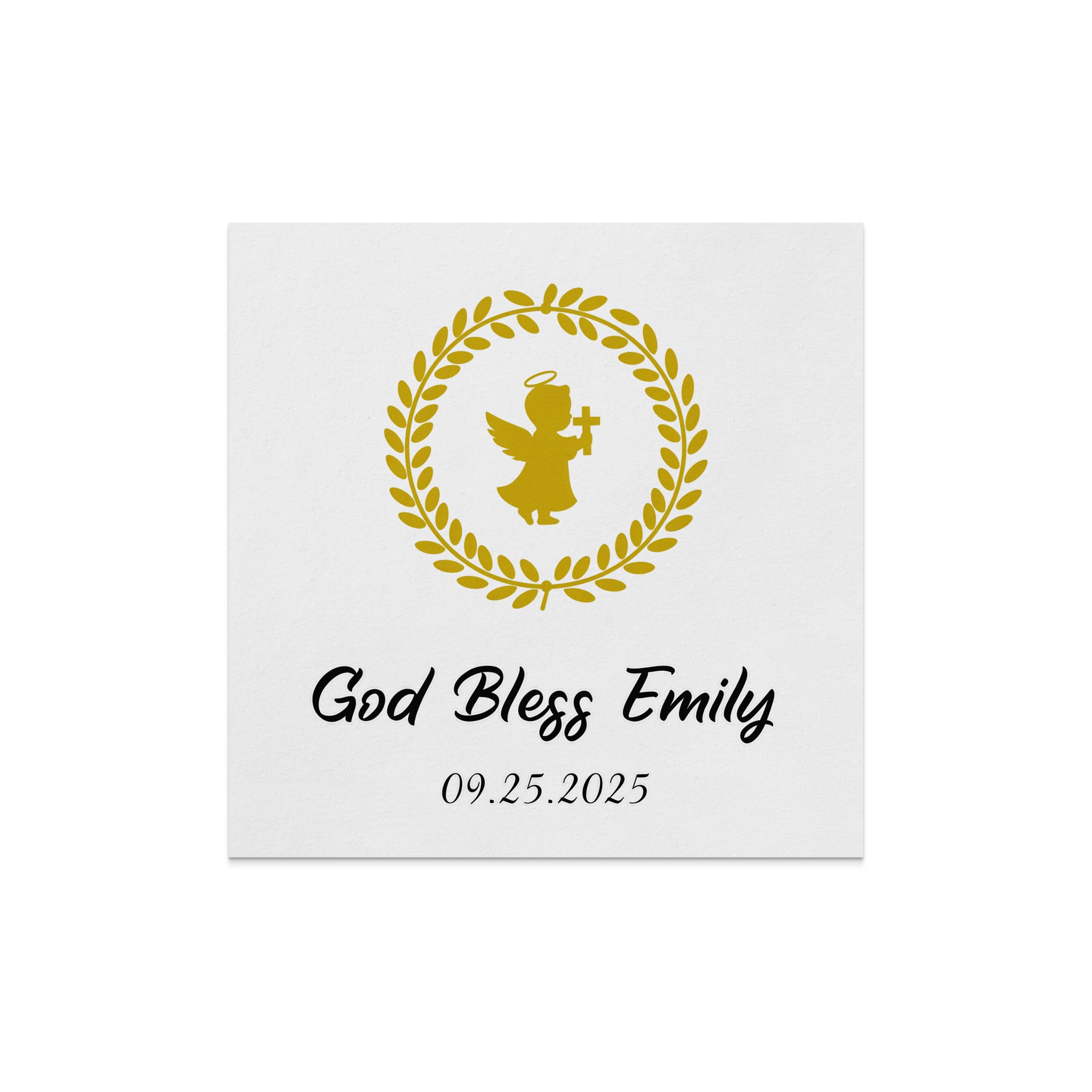 Card with "God Bless Emily" and date, featuring a golden angel and wreath.