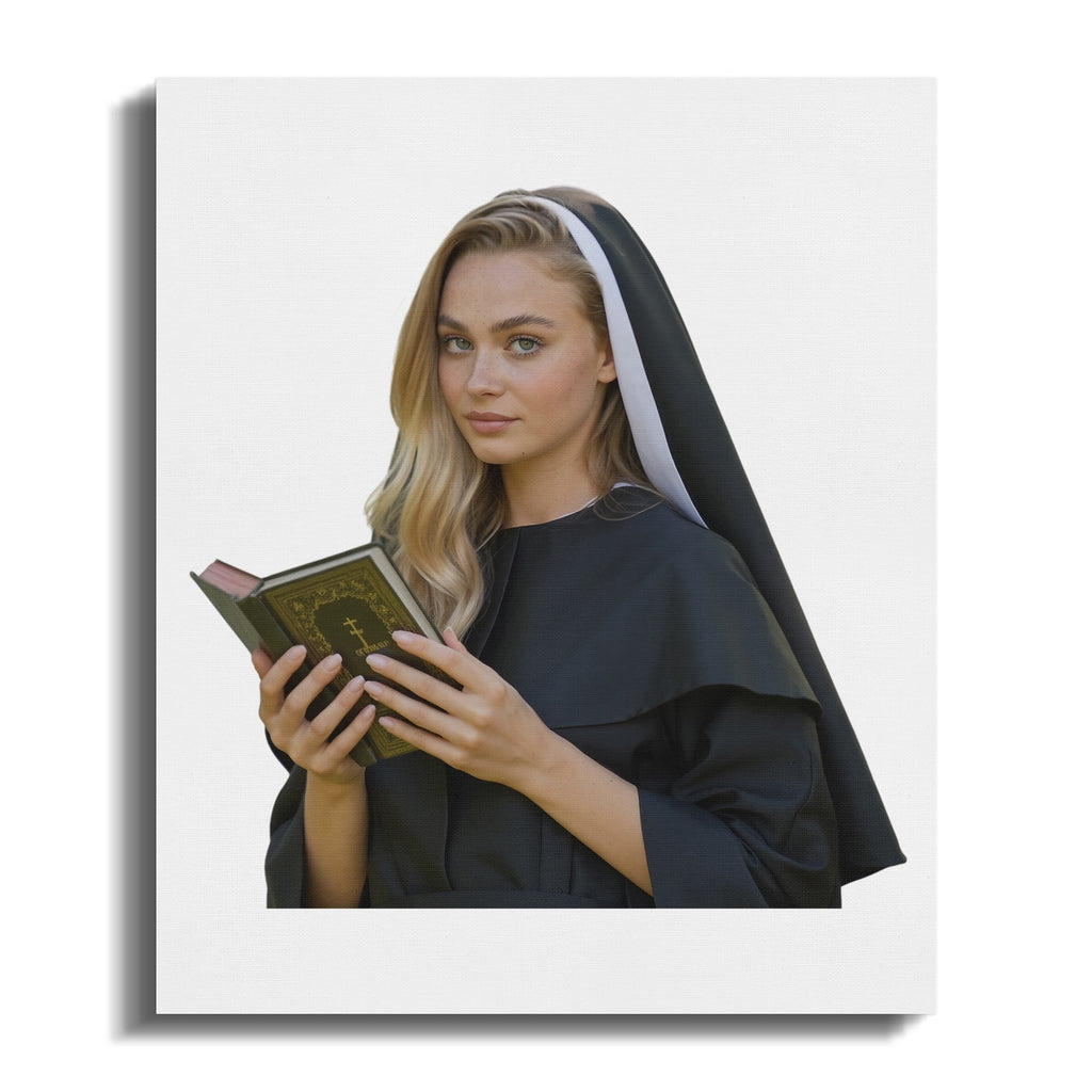 Young woman in nun's habit holding a book.