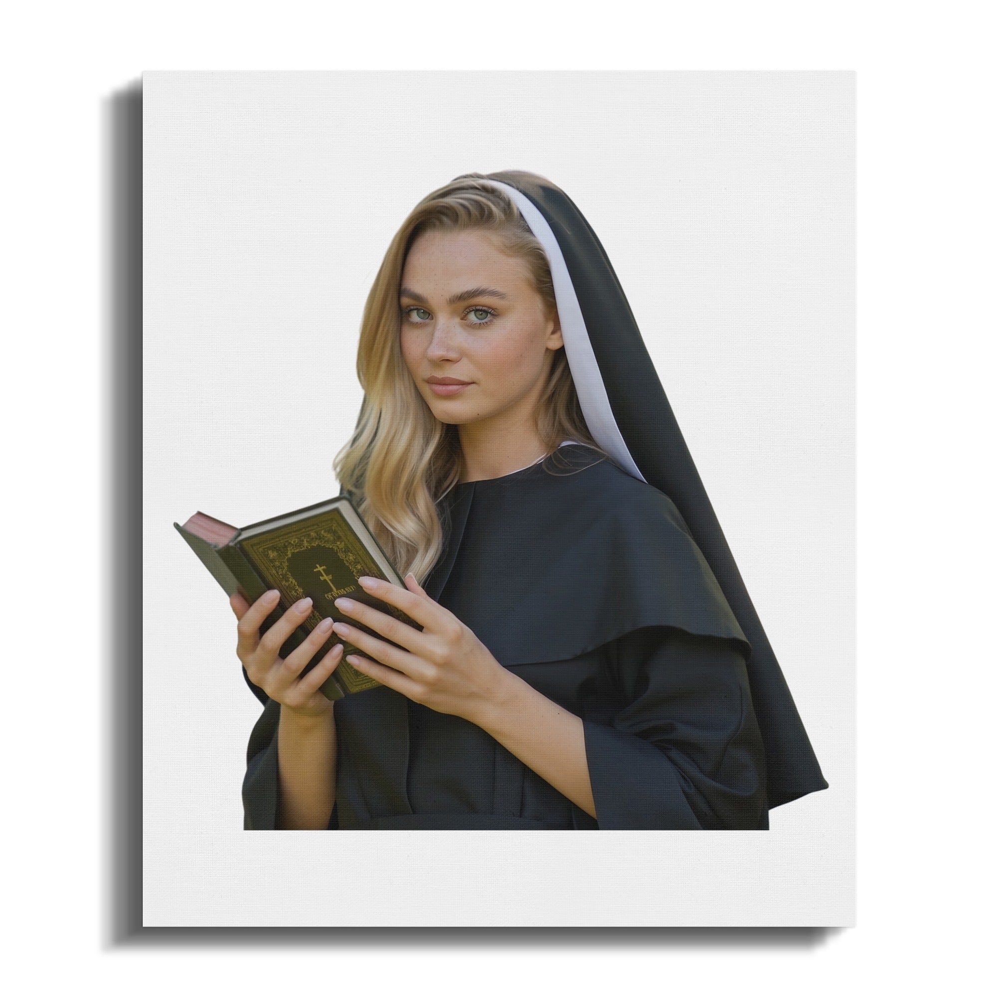 Young woman in nun's habit holding a book.