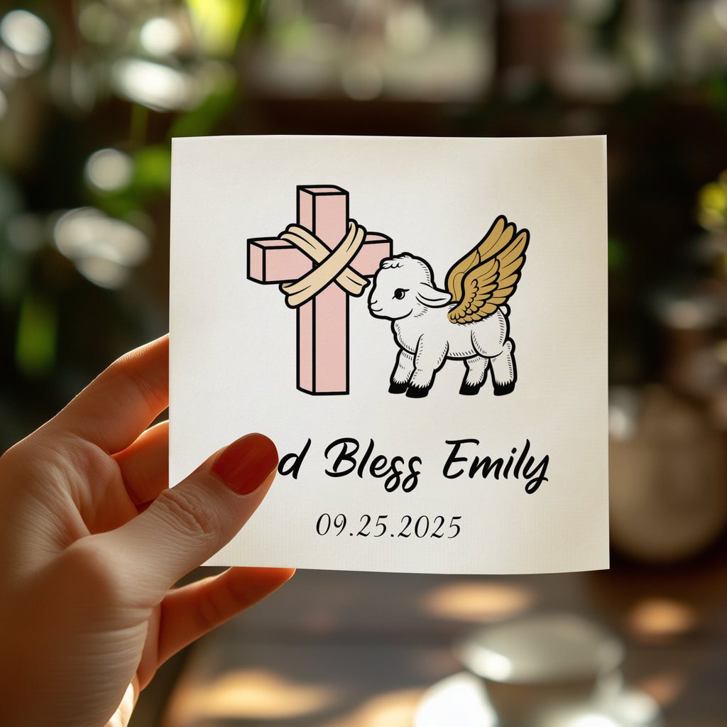 Cross with wings and lamb, "God Bless Emily 09.25.2025".