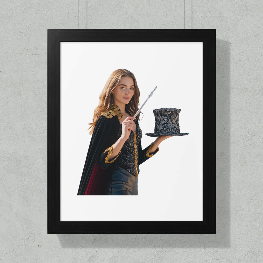Woman in magician's costume holding a top hat and wand.