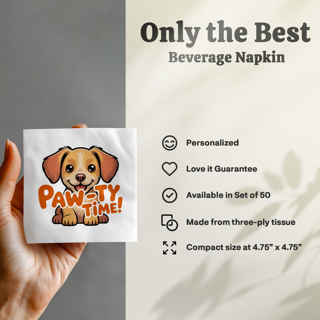 Beverage napkin with "PAW-TY TIME!" text, featuring a cartoon dog.