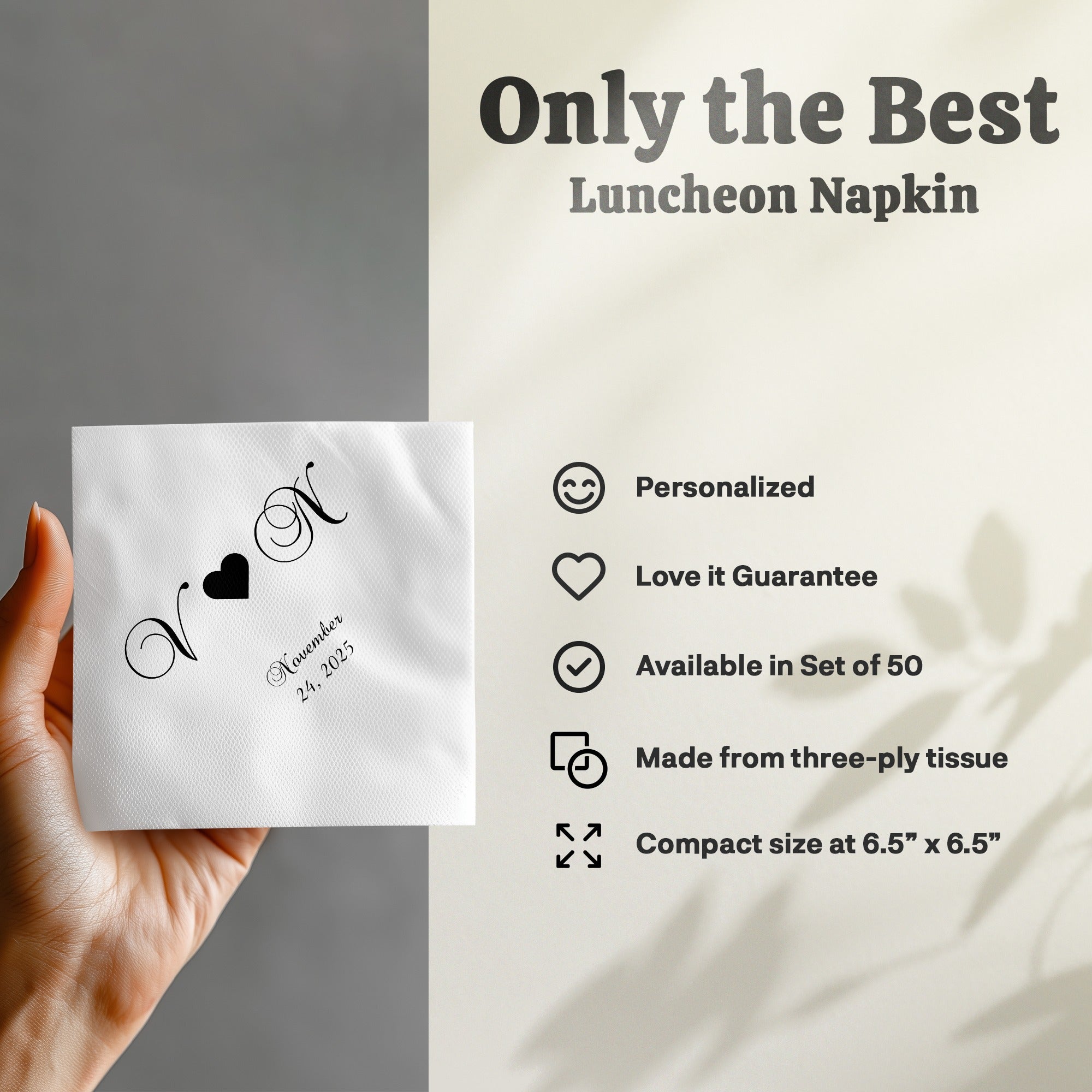 White luncheon napkin with "VON" monogram and date, shown with product features.