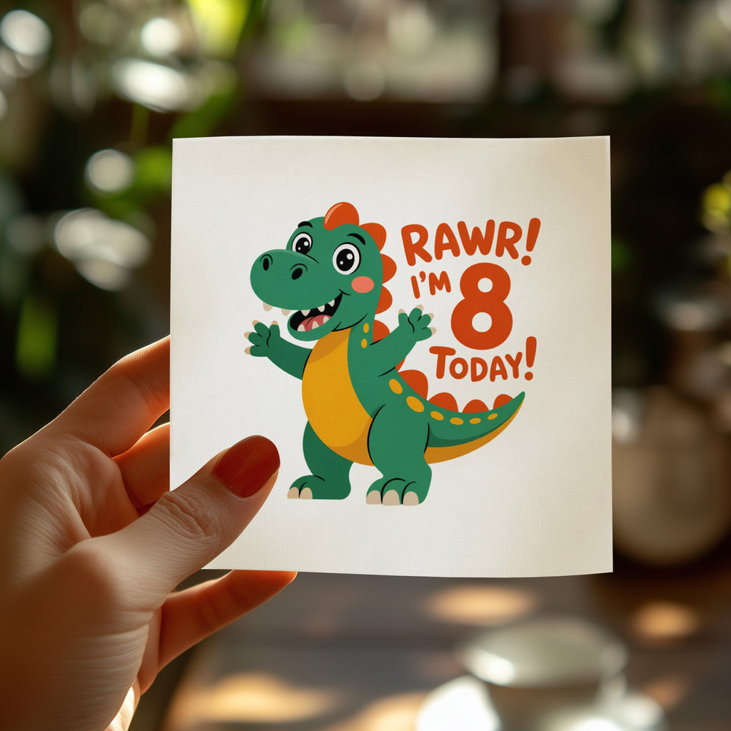 Cartoon dinosaur holding a sign that says "RAWR! I'm 8 TODAY!"