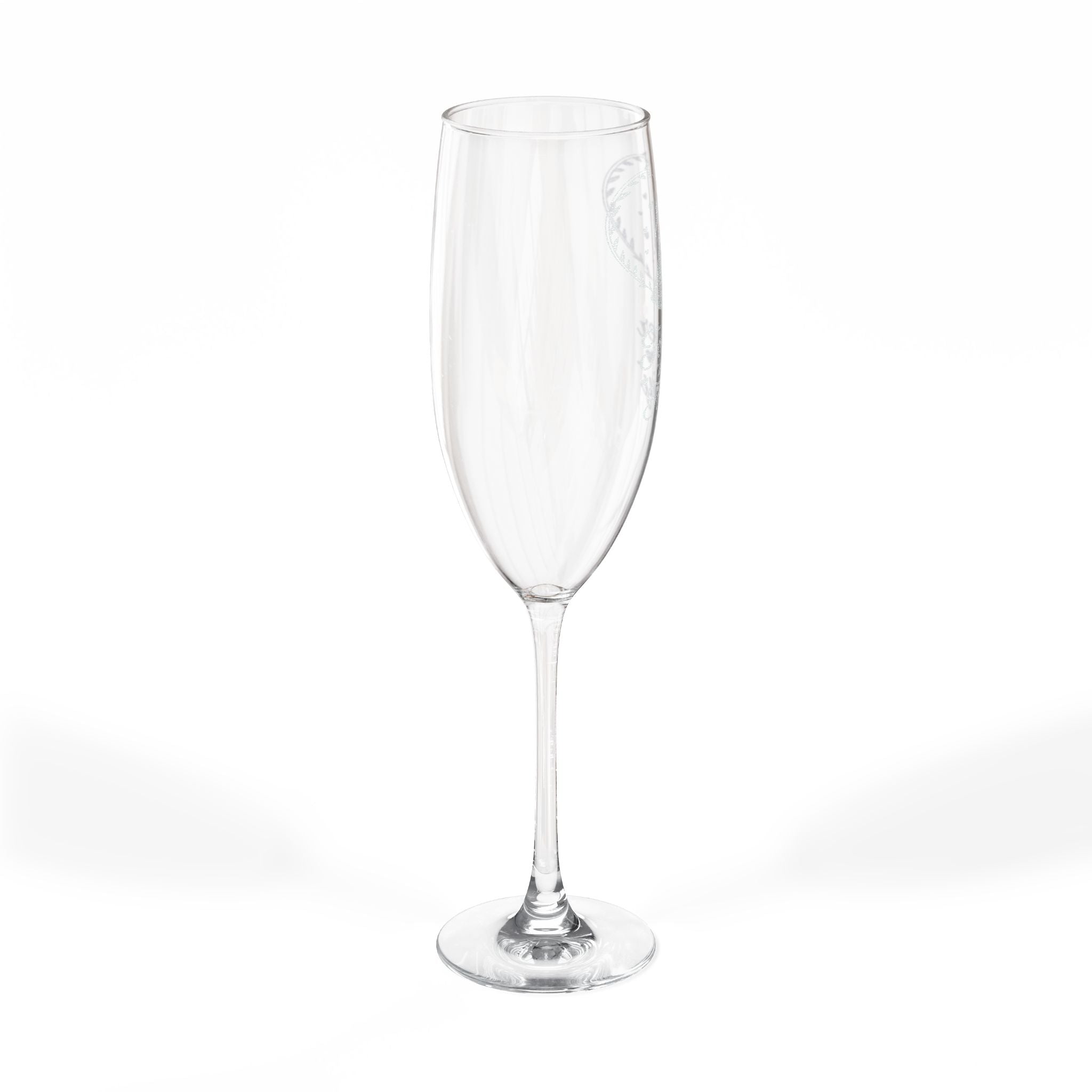 Clear champagne flute with embossed logo.