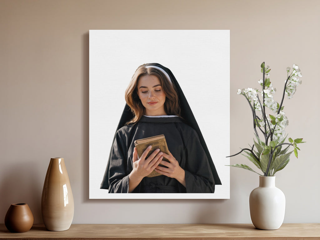 Young nun in black habit holding an old book, looking down.