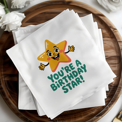Yellow cartoon star with smiling face and text "You're a birthday star!".