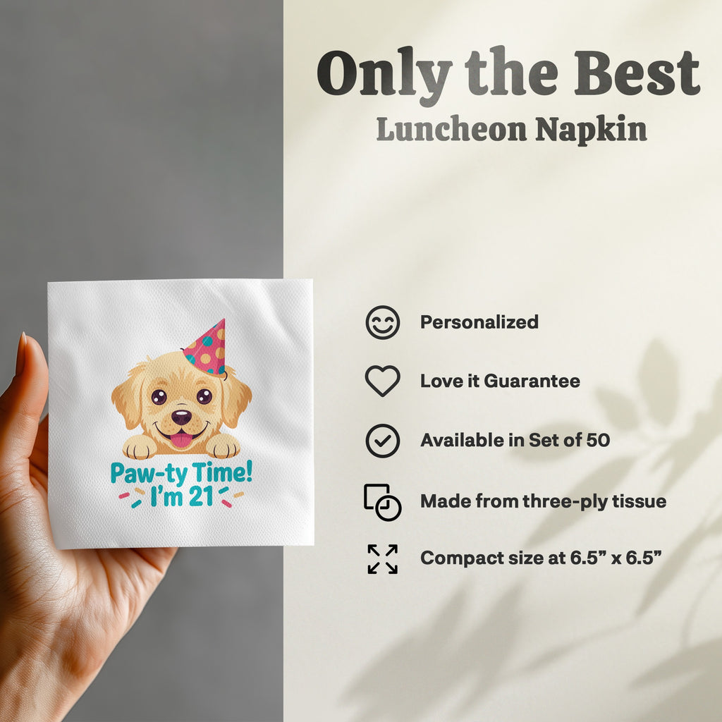 Dog wearing party hat with "Paw-ty Time! I'm 21!" text on a luncheon napkin.