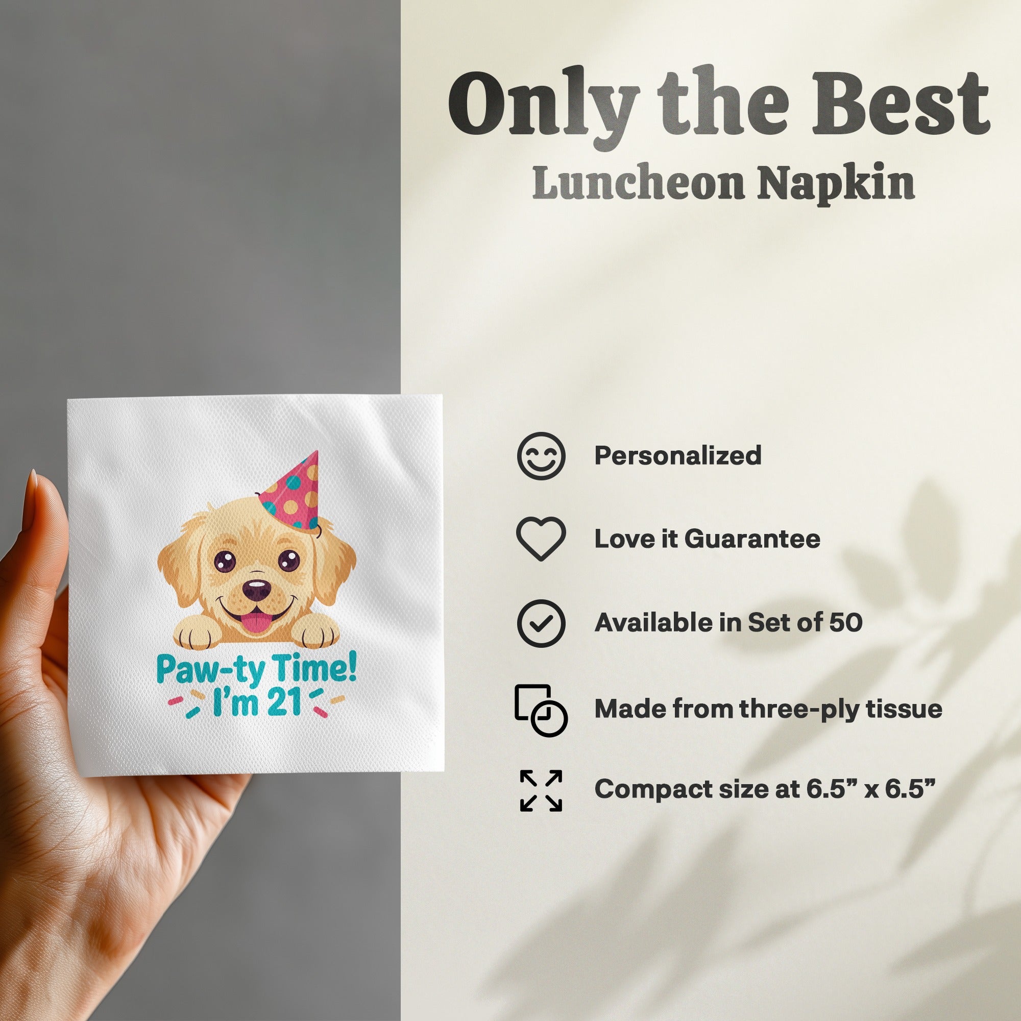 Dog wearing party hat with "Paw-ty Time! I'm 21!" text on a luncheon napkin.