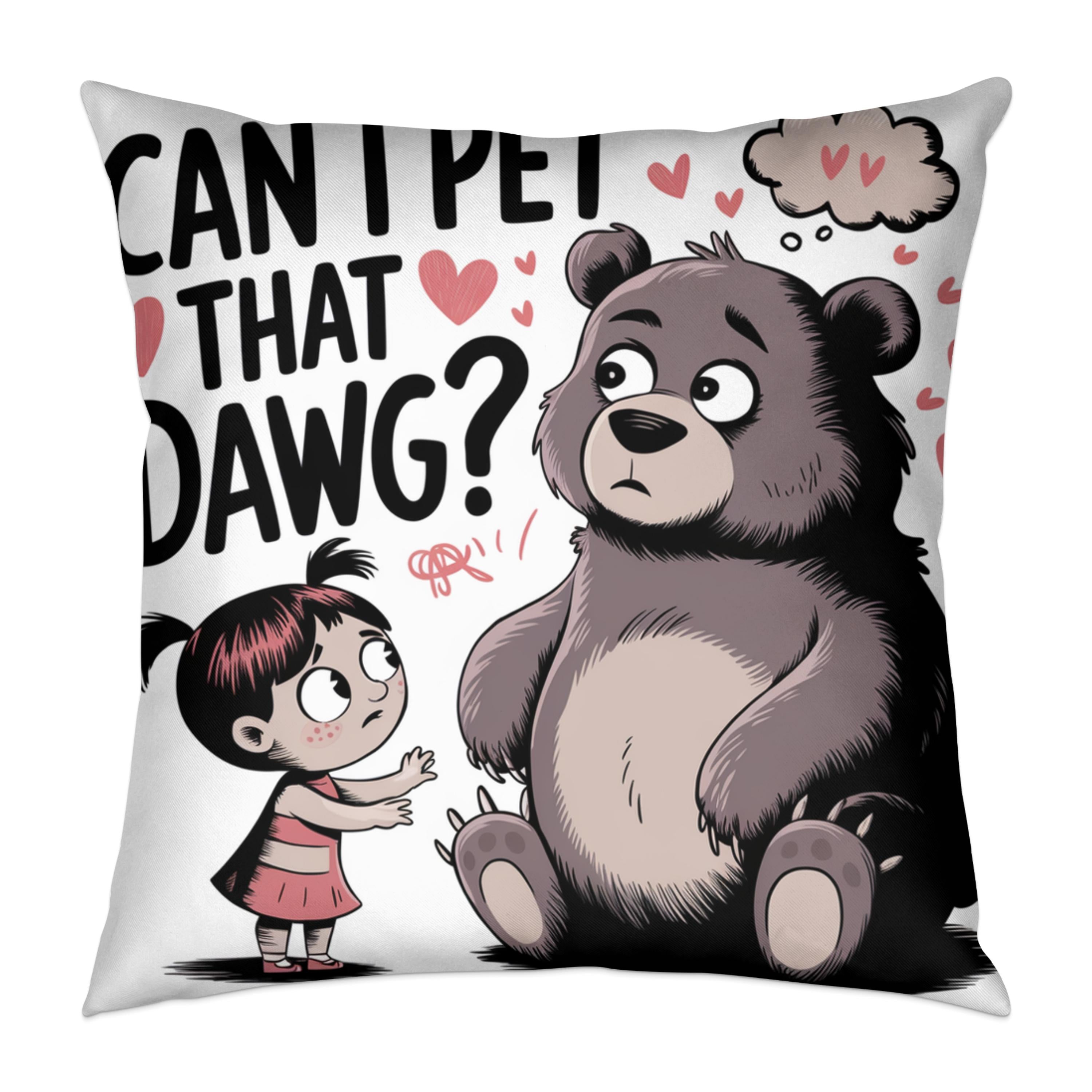 Girl asks bear "Can I pet that dawg?" with hearts and thought bubble.