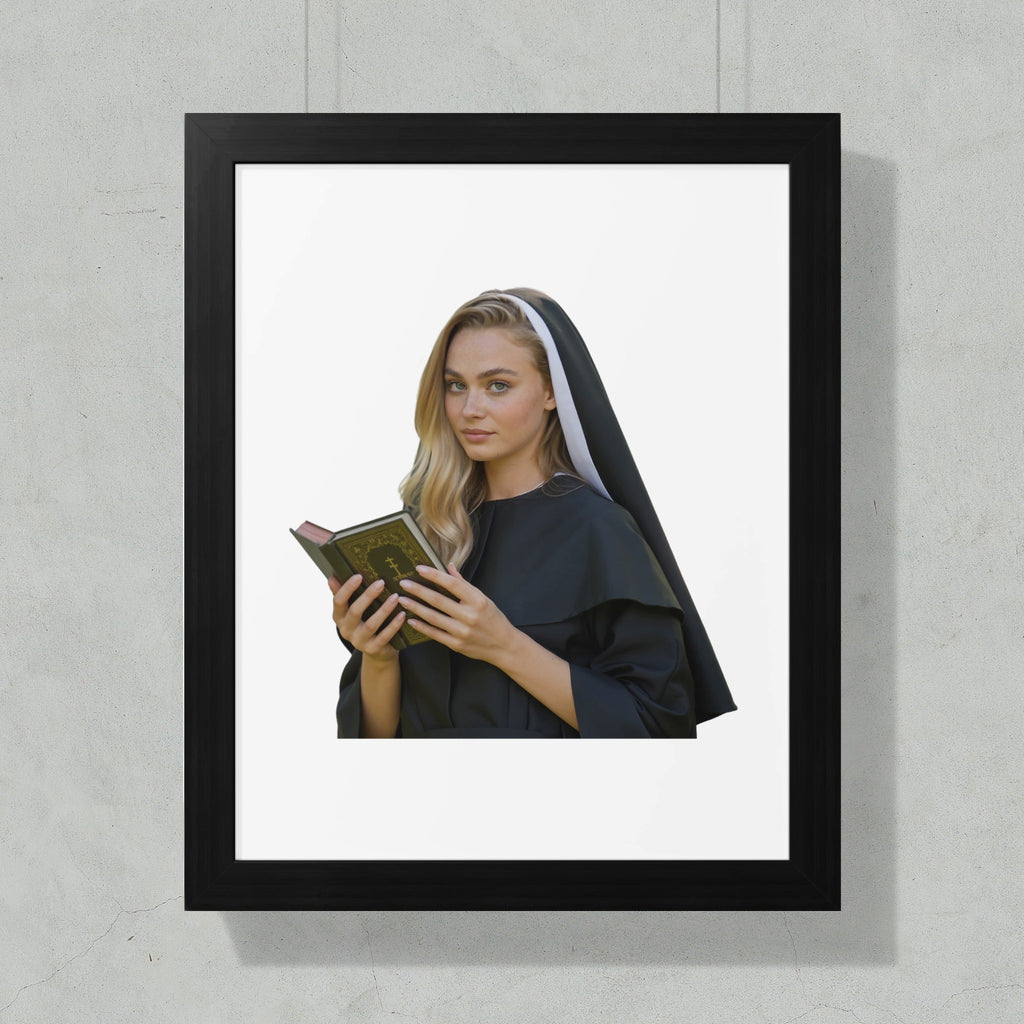 Woman in nun's habit reading a book in a framed portrait.