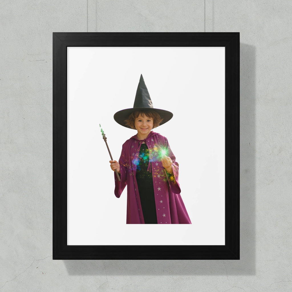 Child wearing witch hat and costume holding a magic wand with sparks.