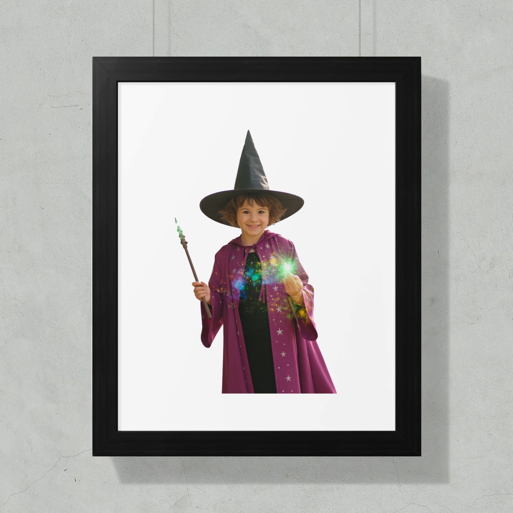 Child wearing witch hat and costume holding a magic wand with sparks.
