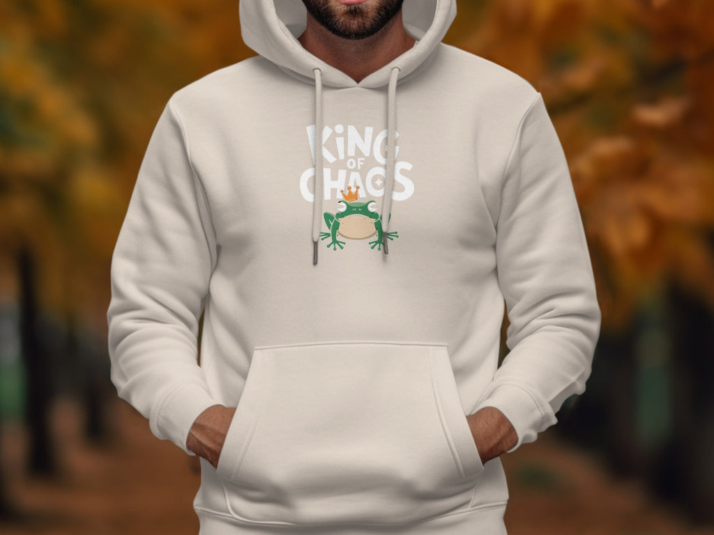 Cream hoodie with "KING OF CHAOS" text and cartoon frog graphic.
