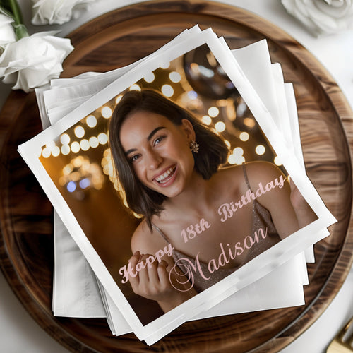 Happy 18th Birthday Madison photo on a stack of napkins.