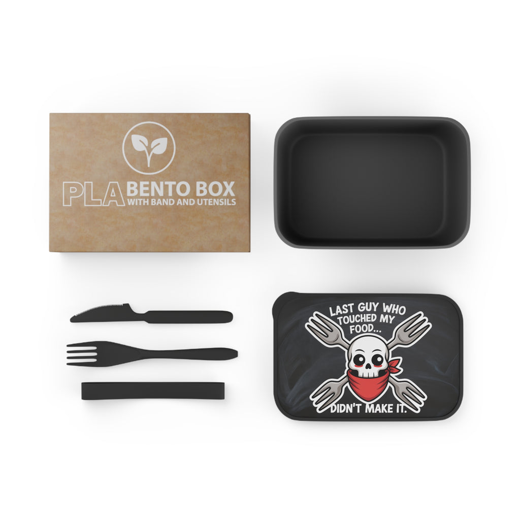 PLA Bento box with band and utensils, black container with skull graphic.