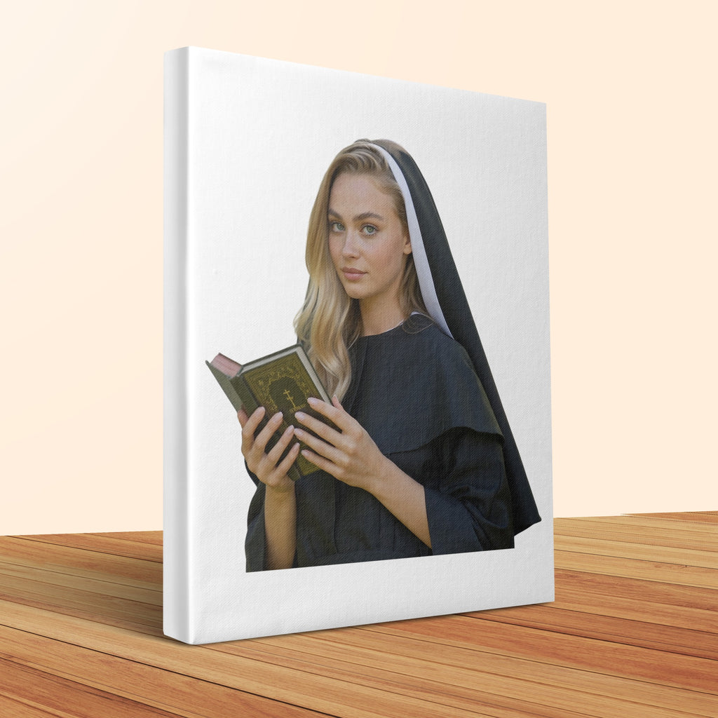 Young woman in nun's habit reading a book.