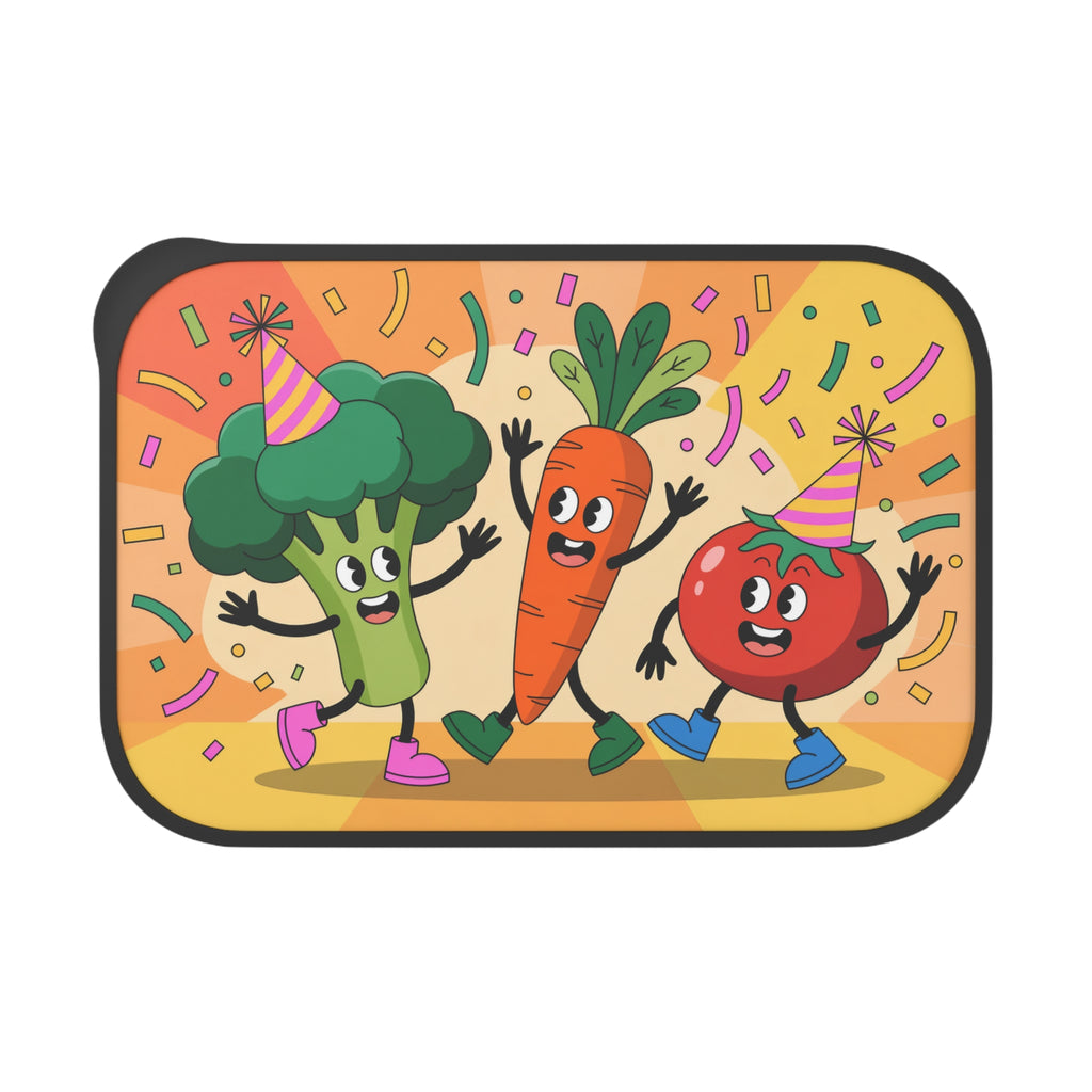 Happy broccoli, carrot, and tomato characters wearing party hats dance with confetti.