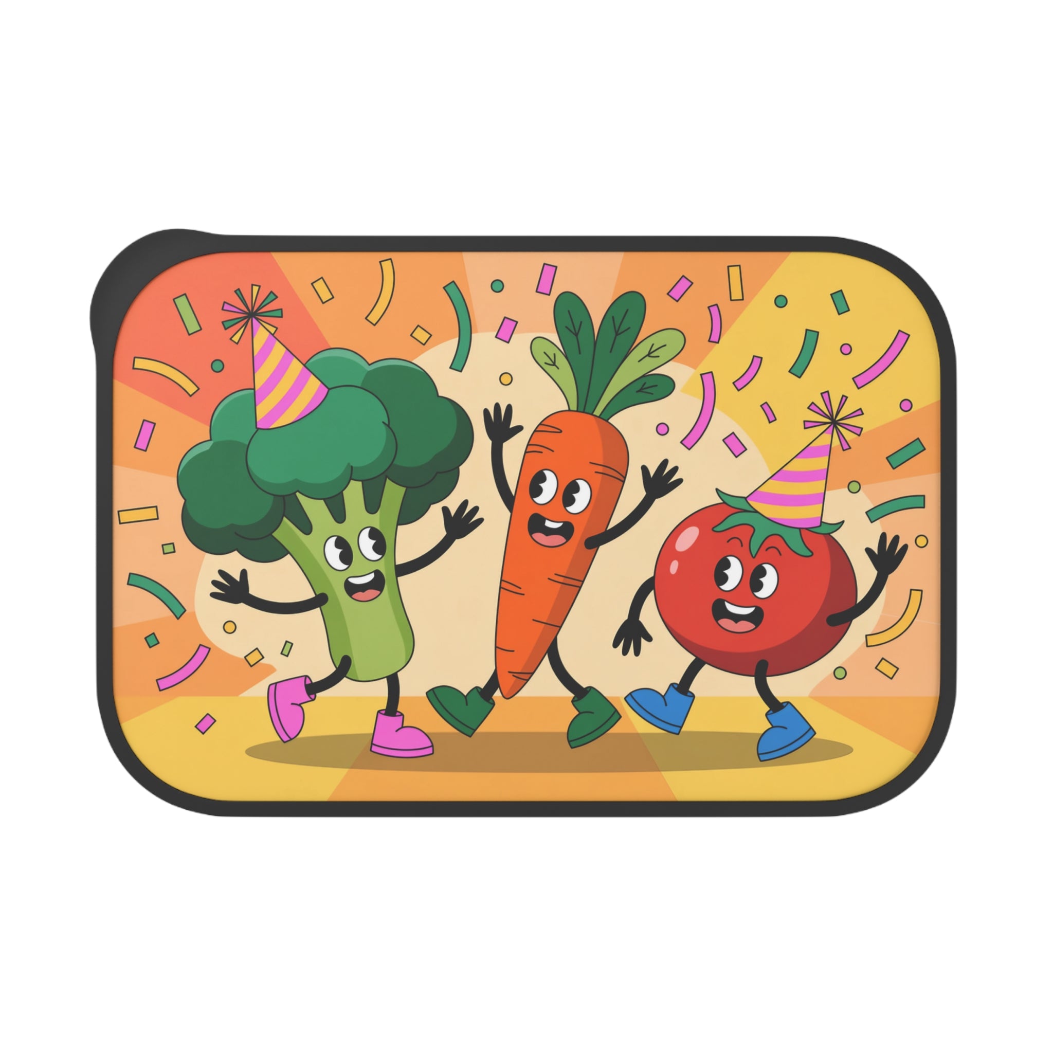 Happy broccoli, carrot, and tomato characters wearing party hats dance with confetti.