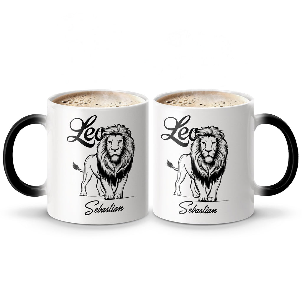 Two white mugs with black handles, each featuring a lion and the name "Sebastian."